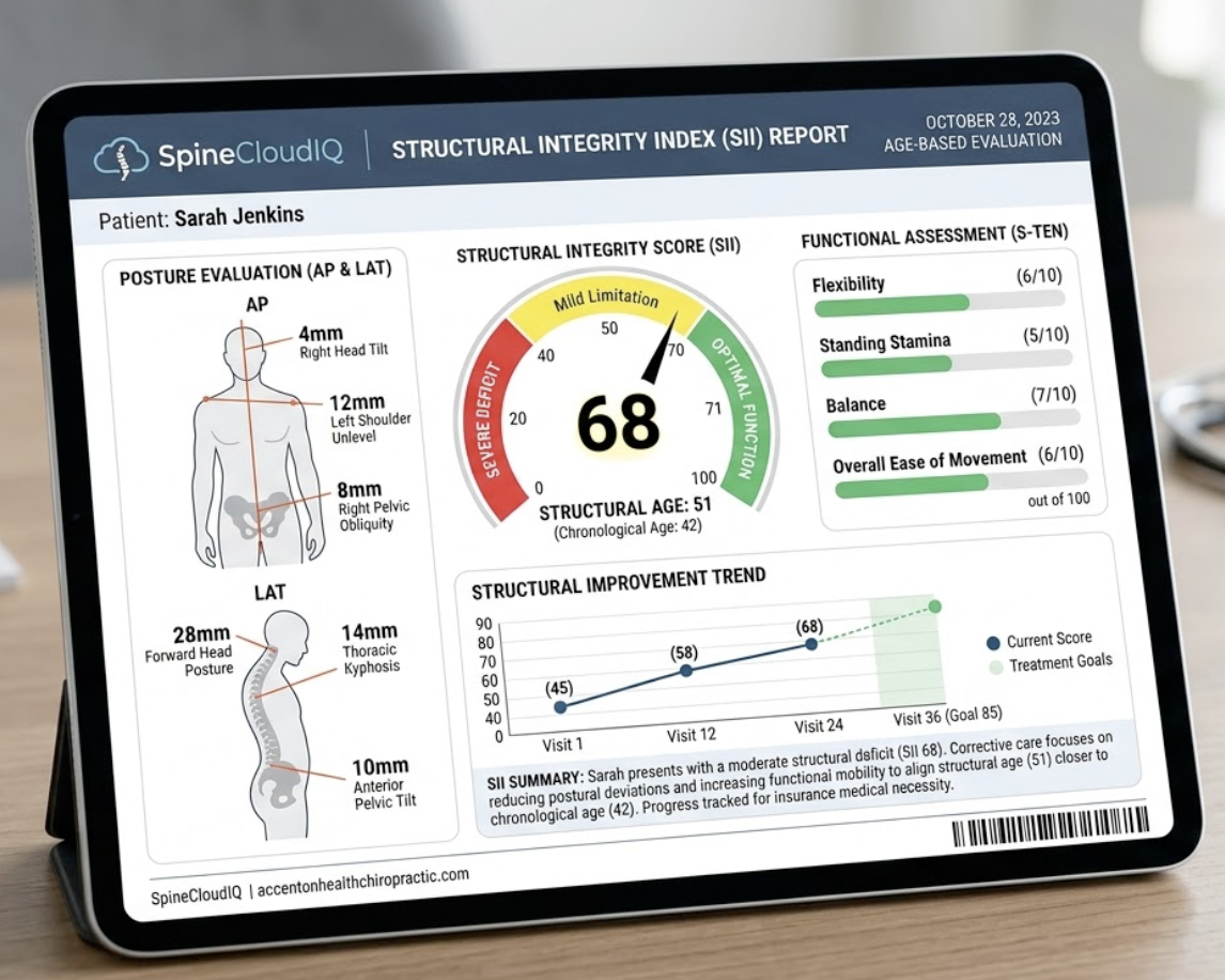 Chiropractic report includes posture evaluation with measurements of head tilt, shoulder unlevelness, and pelvic obliquity, and lumbar and thoracic angles. It also shows functional assessment ratings at chiropractor near me.