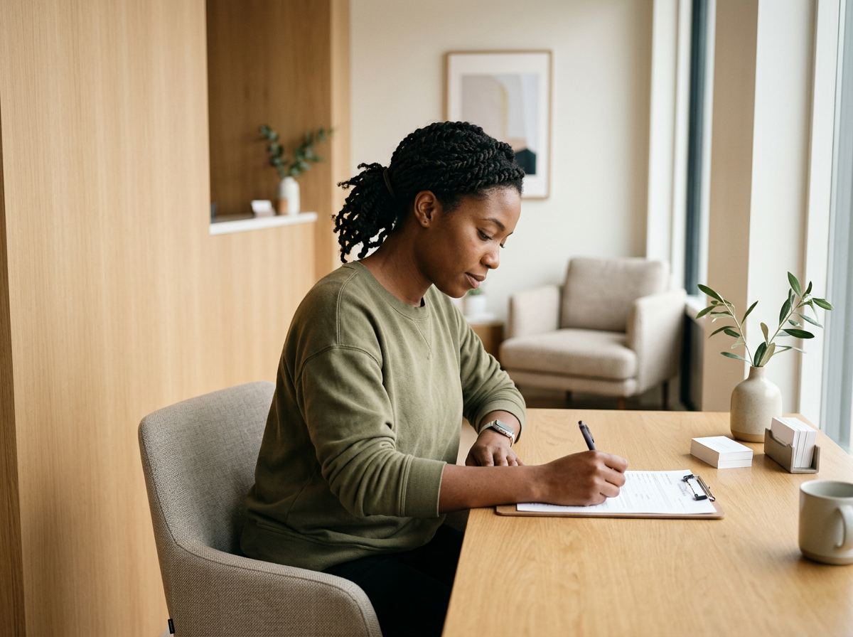 A woman with dreadlocks sitting at a wooden table, writing on a clipboard in a well-lit room with large windows, a potted plant, a ceramic mug, and framed artwork on the wall.