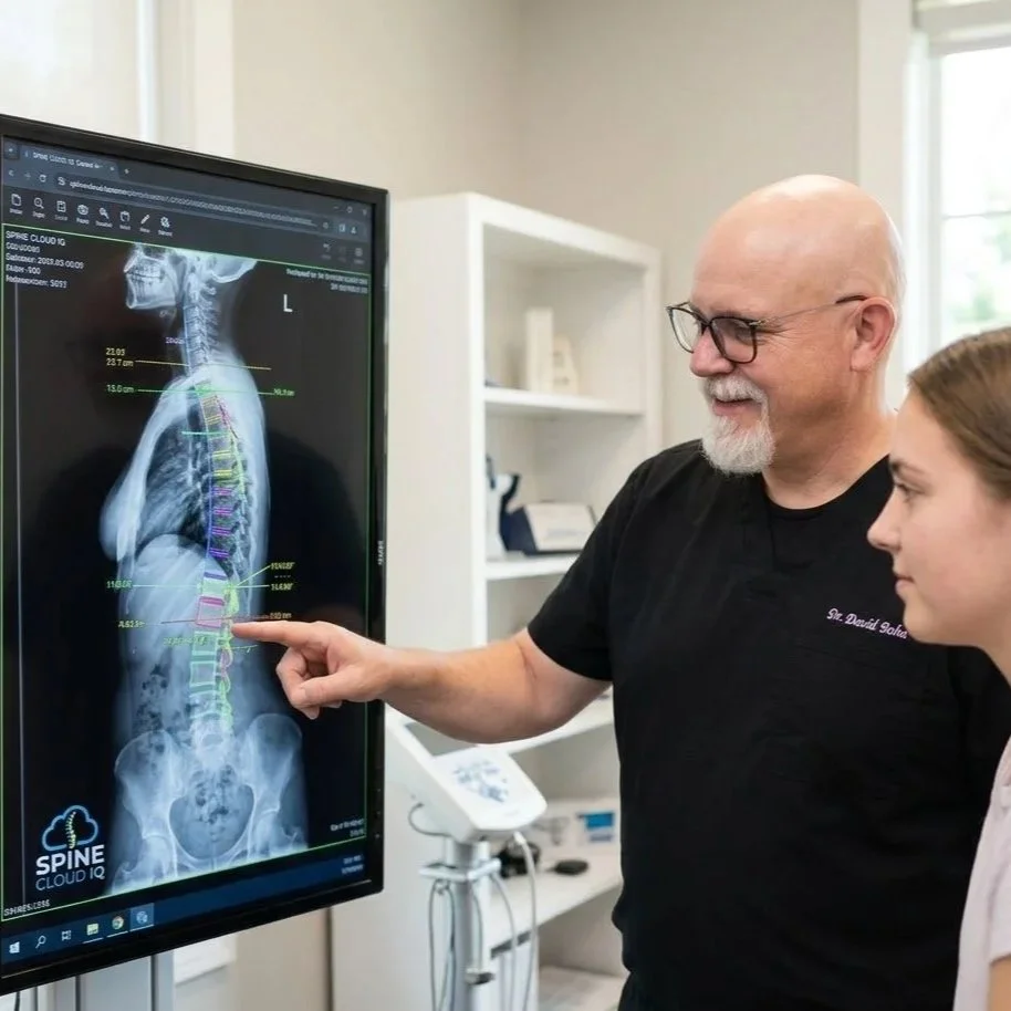 Dr Bohn a local chiropractor examining a spinal X-ray on a monitor for a patient with Low back and sciatica pain, best chiropractor near me