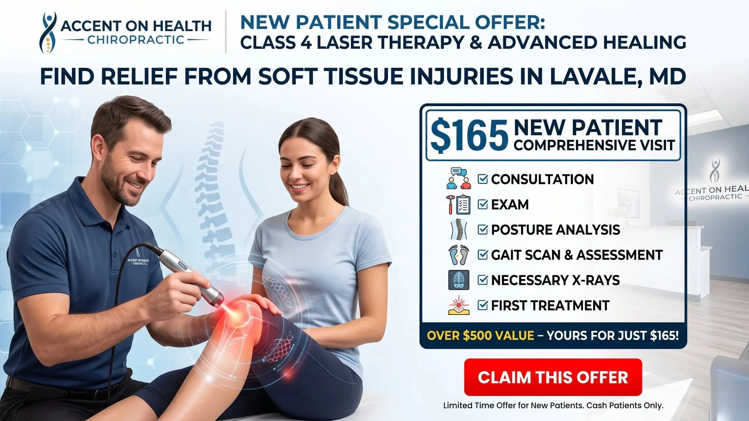 A chiropractor and a woman with a digital illustration of a glowing knee joint, indicating treatment or analysis, with promotional text for chiropractic services and special offers.