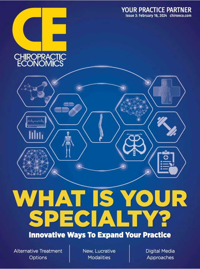 Cover of a chiropractic economics magazine featuring hexagon icons representing health, anatomy, and medicine, with large yellow text asking "What is your specialty?" and smaller white text about innovative practice expansion ideas.