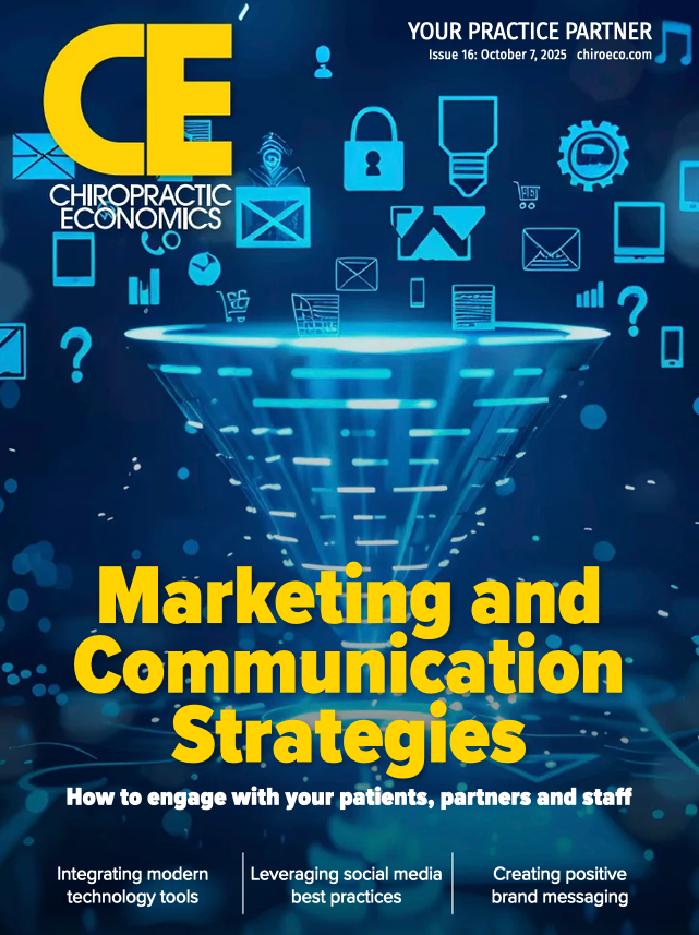 Cover of a magazine issue titled 'Chiropractic Economics' with the main headline 'Marketing and Communication Strategies' in yellow text. The background features digital icons representing communication, security, and technology with a funnel graphic. The top right corner mentions 'Your Practice Partner' and the issue date as October 7, 2025.