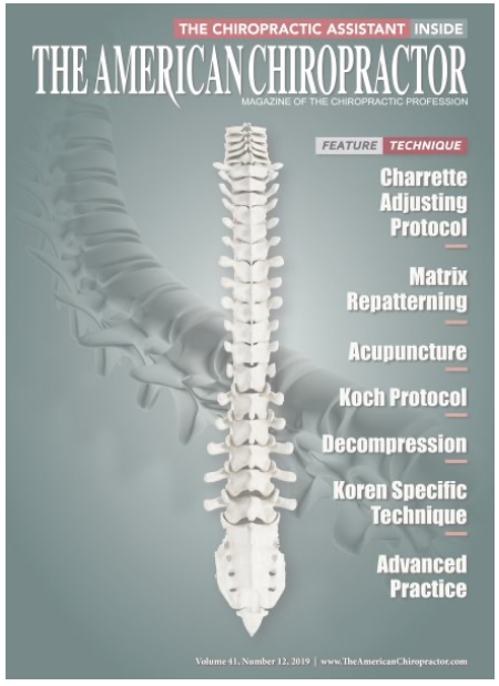 Cover of The American Chiropractor magazine featuring an illustration of a human spine and a list of chiropractic techniques.