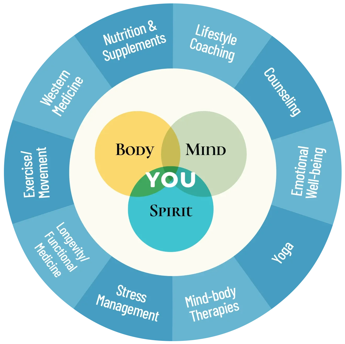 A circular diagram illustrating the mind-body-spirit connection with various health and wellness activities around the perimeter, including exercise, nutrition, coaching, and yoga at the areas best chiropractor.