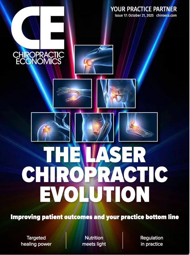 Cover of chiropractic magazine titled "The Laser Chiropractic Evolution" with images of laser therapy on joints and spine, with colorful laser beams and text about improving patient outcomes, targeted healing power, nutrition, and regulation in practice.