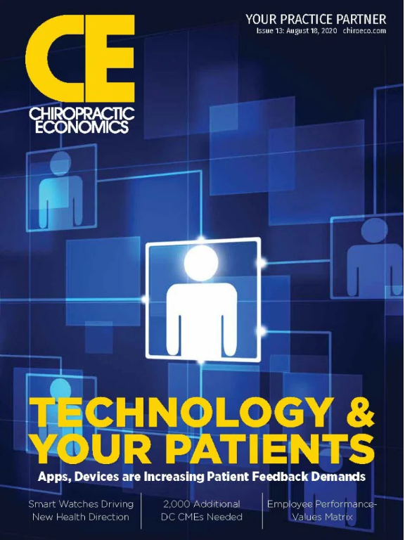 Cover of Chiropractic Economics magazine, August 13, 2020, featuring the title "Technology & Your Patients" with digital icons of people connected by lines on a blue background.}