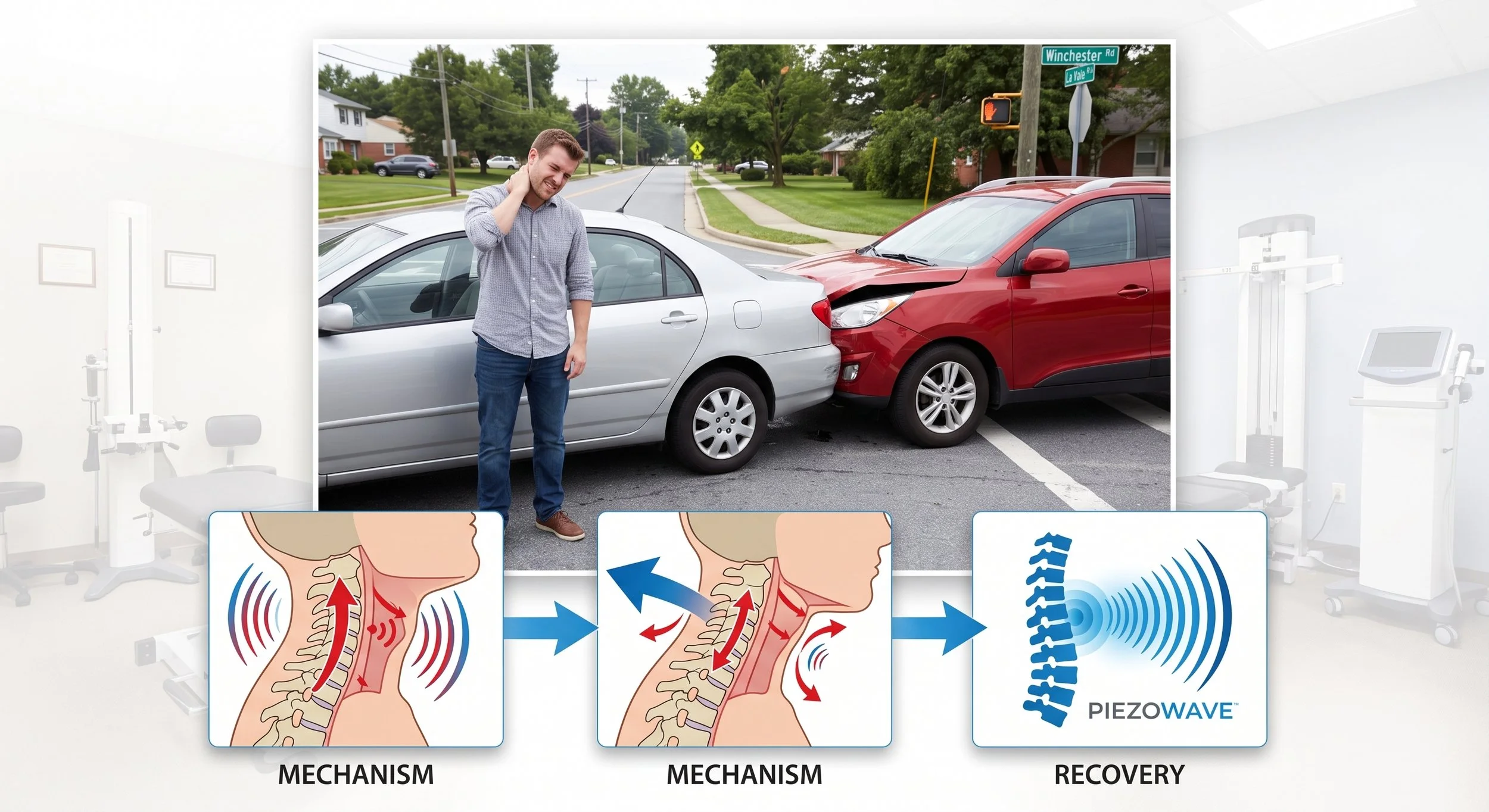 A man with a neck injury holding his neck while standing next to two cars involved in a collision on a residential street. A street sign indicates Winchester Road and LaVale.  Expert care for personal injury in Cumberland Maryland 21502 from the best