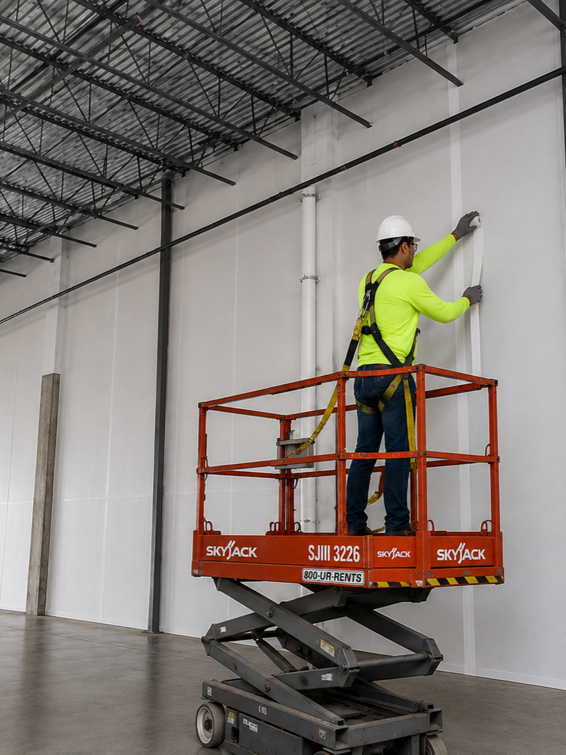 A worker on a scissor lift installing or inspecting a vertical cable conduit on a white interior wall in a large industrial building.