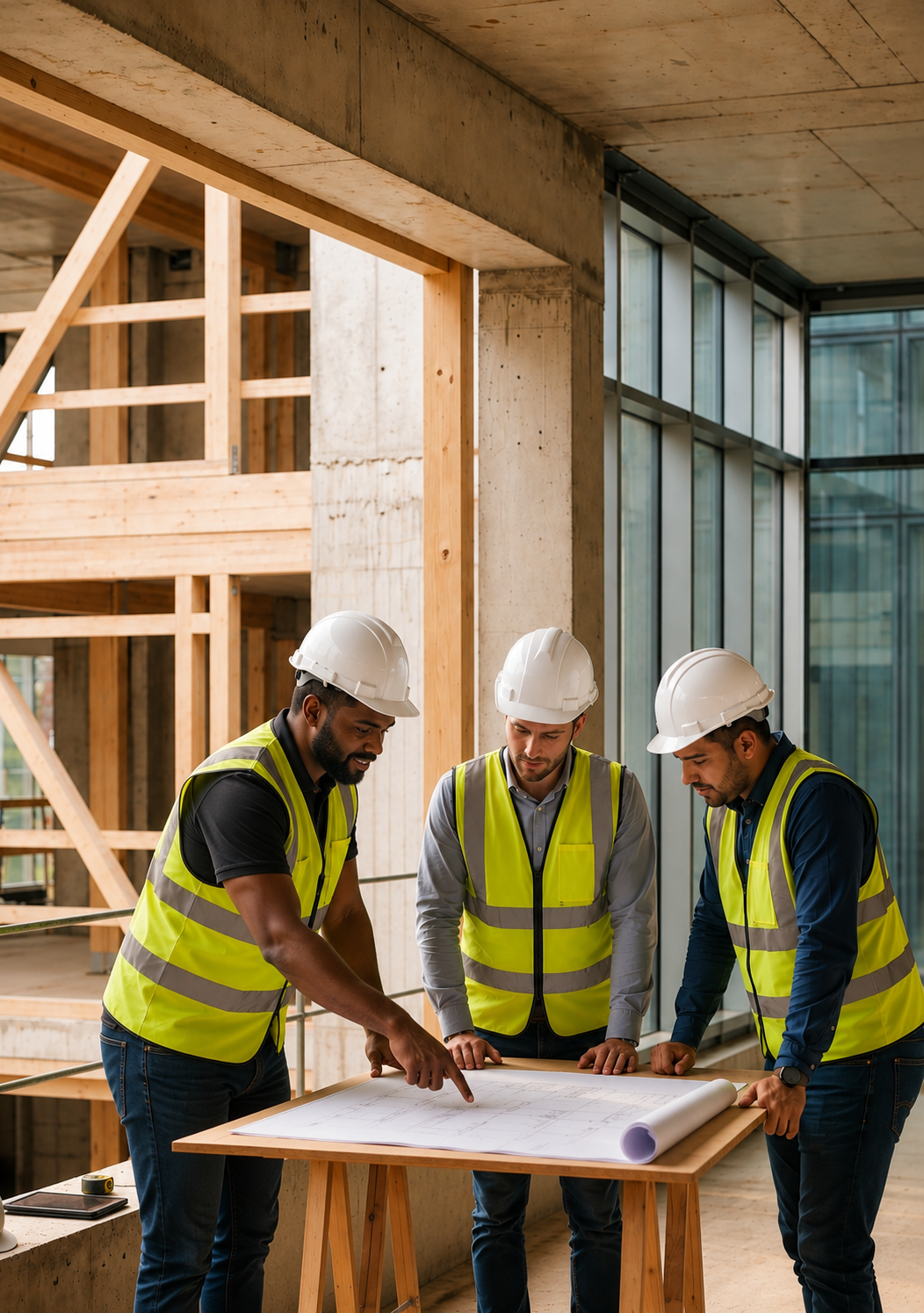 Three construction workers in safety vests and helmets reviewing blueprints at a construction site with unfinished wooden framework and large glass windows.