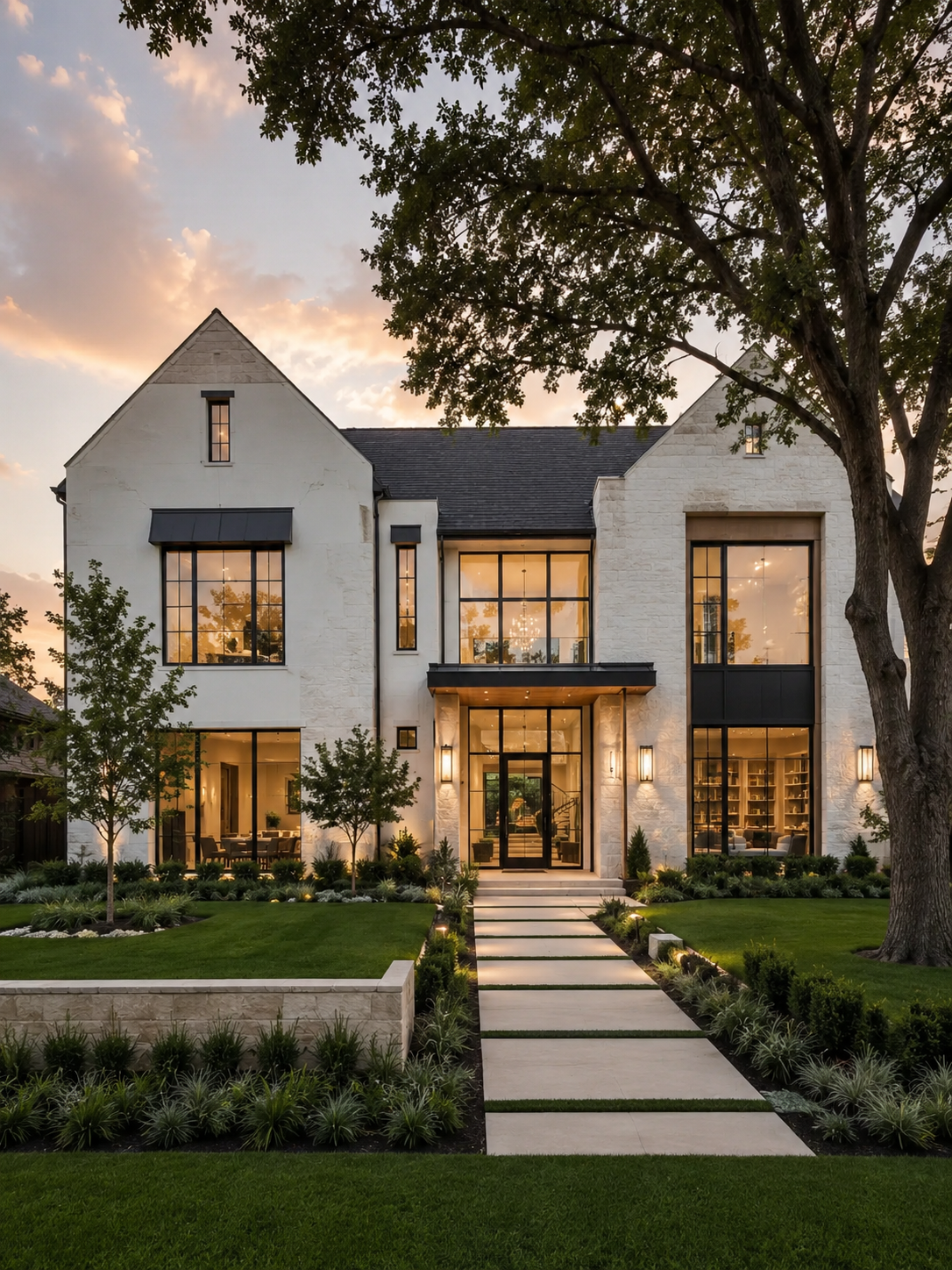 Modern white house with large windows, landscaped front yard, and trees at sunset.