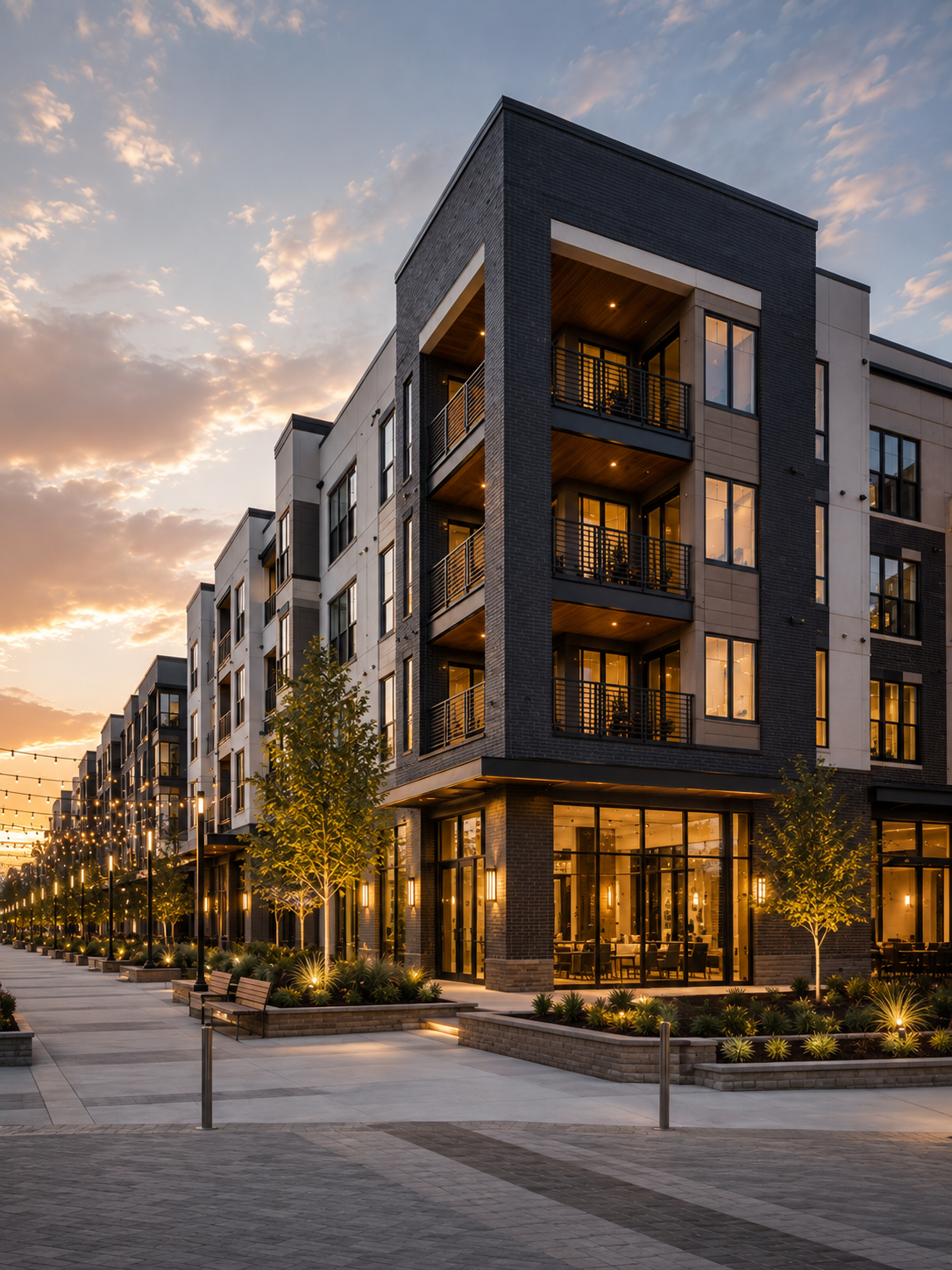 A modern multi-story apartment building at sunset with large glass windows and balconies, surrounded by a well-maintained plaza with trees, benches, and decorative lighting.