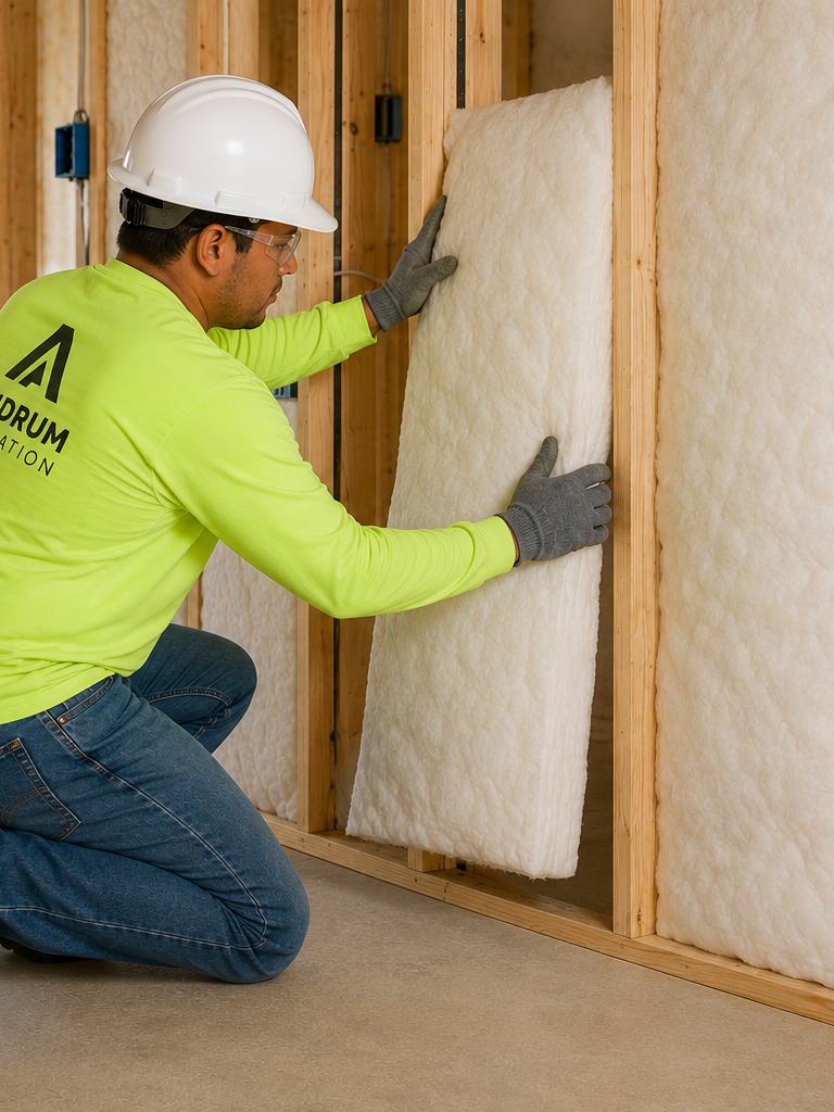 A construction worker installing insulation in a wall frame at a building site.