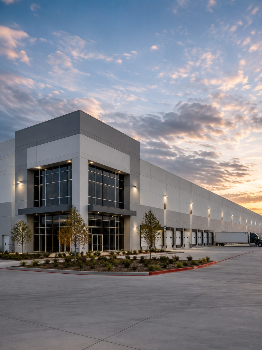 Large modern warehouse building with loading docks, trees, and parking lot at sunset.
