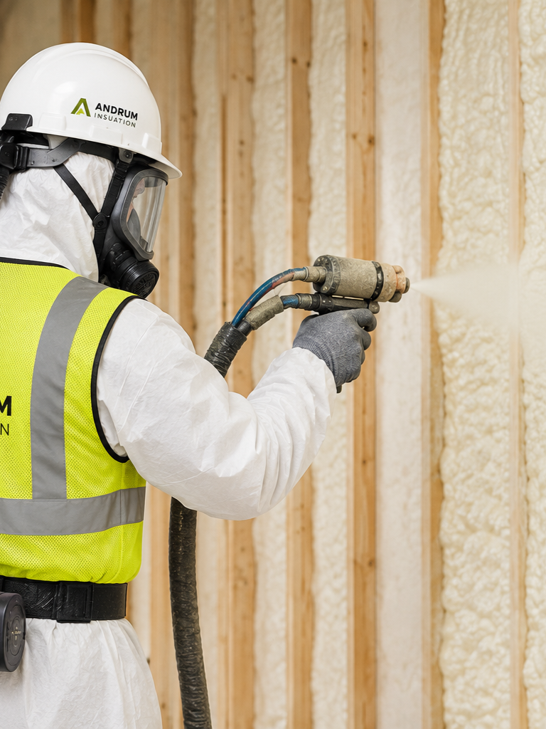 A construction worker wearing a helmet, safety vest, and protective gear uses a spray foam insulation gun on wooden wall studs.