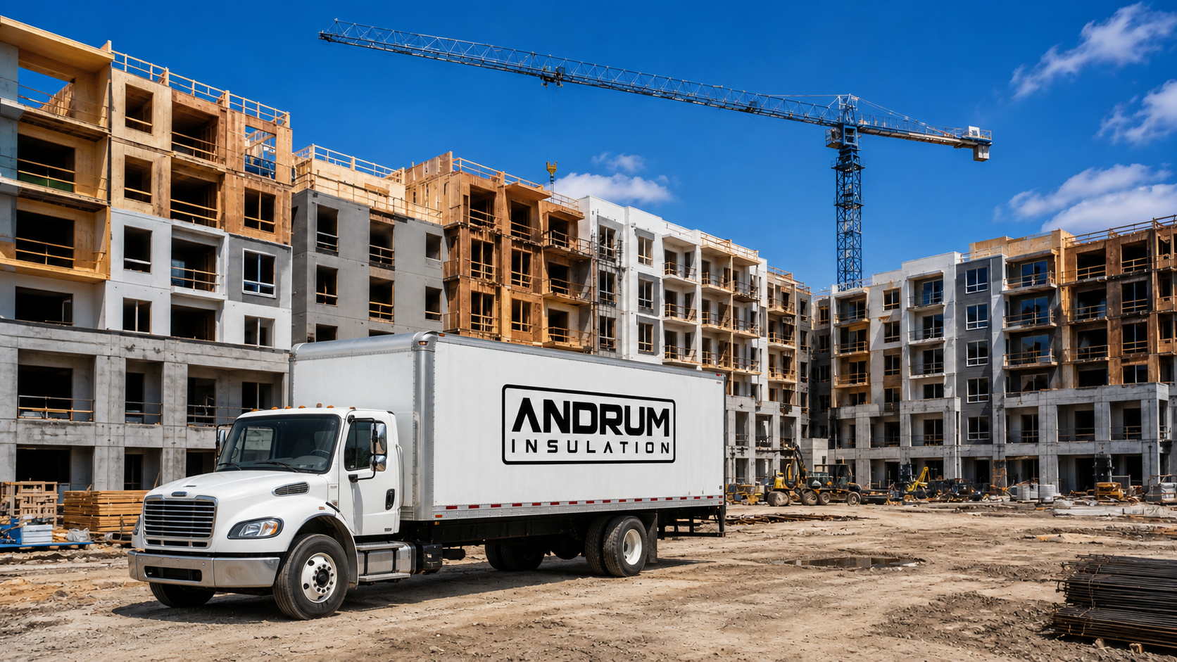 Construction site with multi-story apartment buildings under construction, a crane overhead, and a white truck with the Andrum Insulation logo in the foreground.