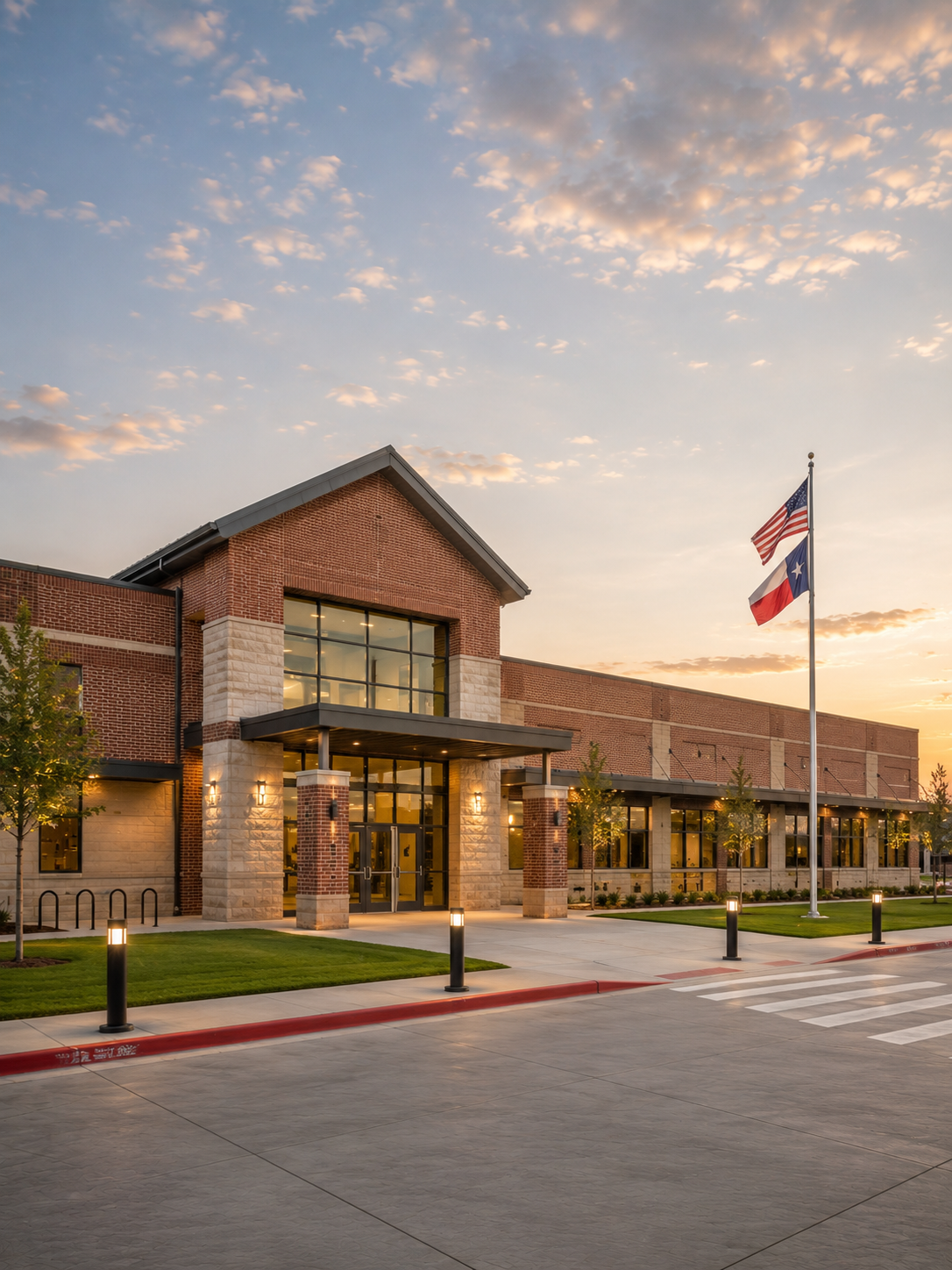 A modern brick and stone building lit by warm outdoor lighting at sunset, with American and Texas flags on a flagpole, small trees, and a well-maintained lawn in front.