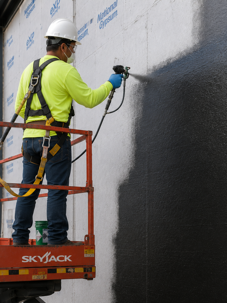 A construction worker in a yellow safety shirt, white hard hat, and mask spraying black paint onto a wall from a paint sprayer while standing on an orange lift platform.