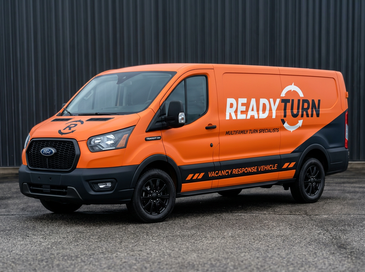 Orange vehicle labeled 'Ready Turn' with the subtitle 'Multifamily Turn Specialists' and the description 'Vacancy Response Vehicle'; parked on a wet road in front of a dark building.
