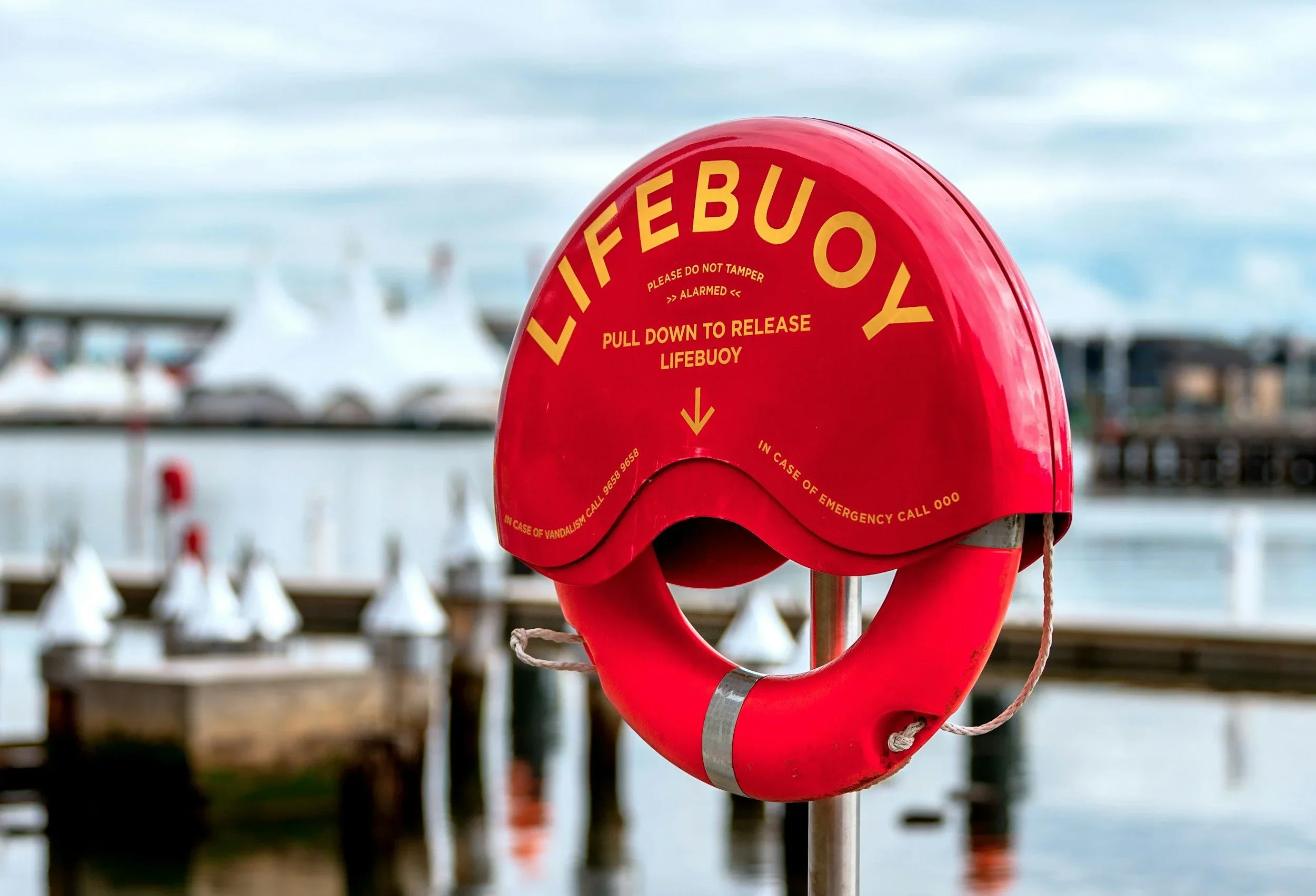 An orange life preserver ring hangs inside an orange, metal holder. In yellow print appear the words, “Lifebuoy. Please do not tamper. Alarmed, Pull down to release lifebuoy.” The background, seemingly a harbor, is blurred.
