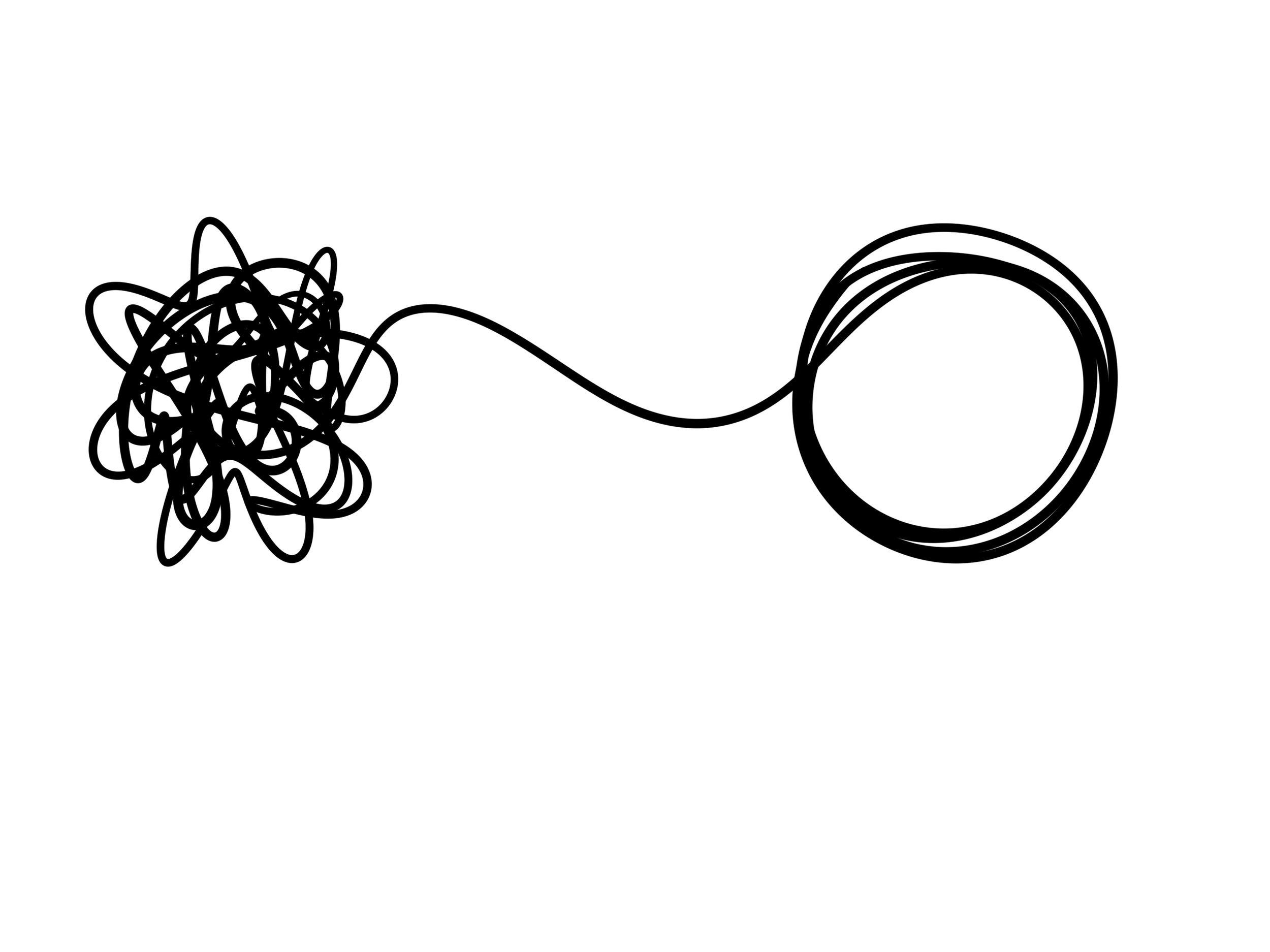 Black tangled scribble on the left connected by a line to a clear concentric circle pattern on the right, on a white background.