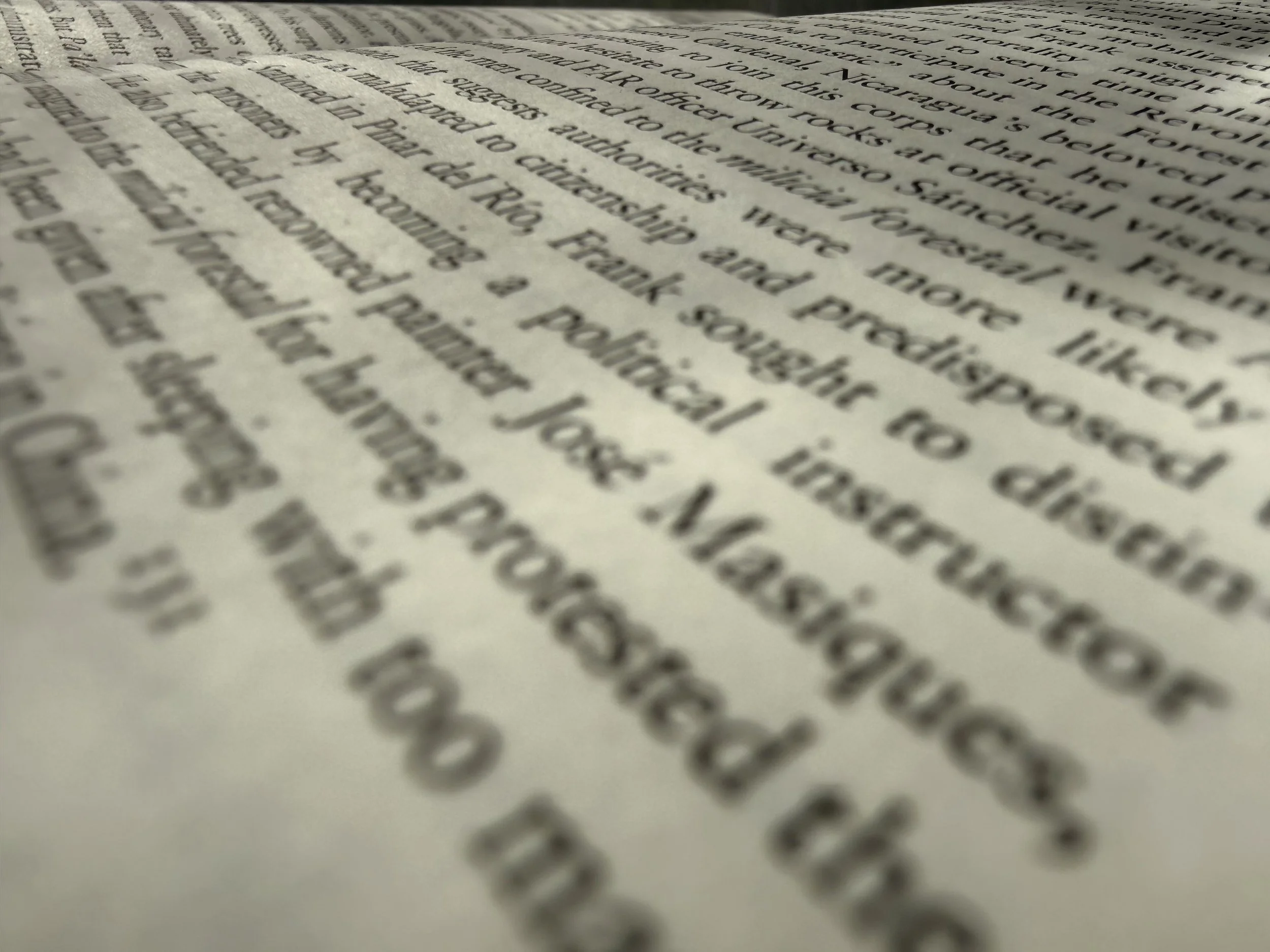 Close-up of printed text on a book page, with some words blurry and out of focus