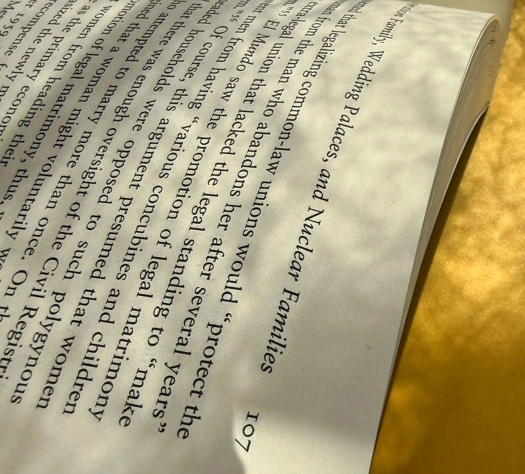 Close-up of a book page with printed text, viewed from an angle, mottled with shadows from the light of the sun
