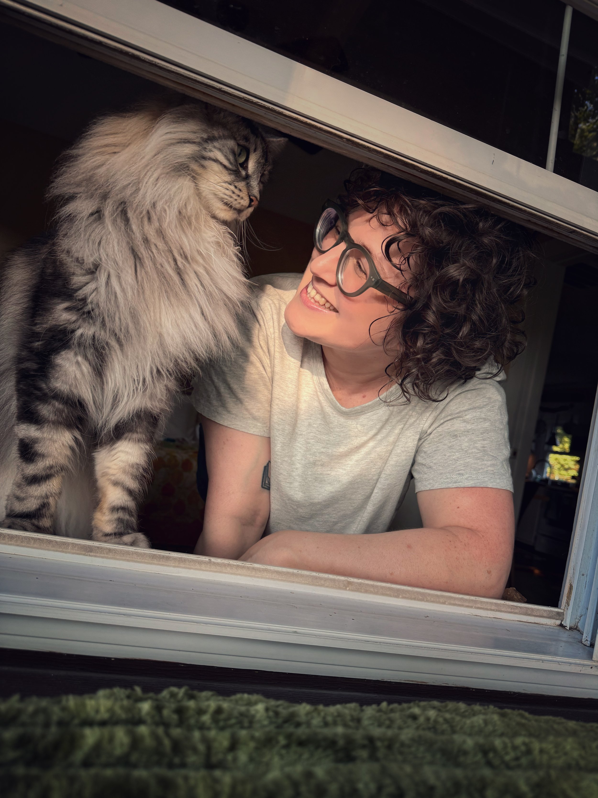 A white person with curly hair and glasses in a grey shirt smiles at a long-haired, gray cat inside a window frame.