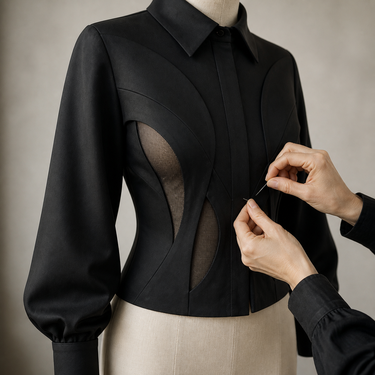 Reliquary Blouse fitted on a dress form while its curved front panel is hand-finished.