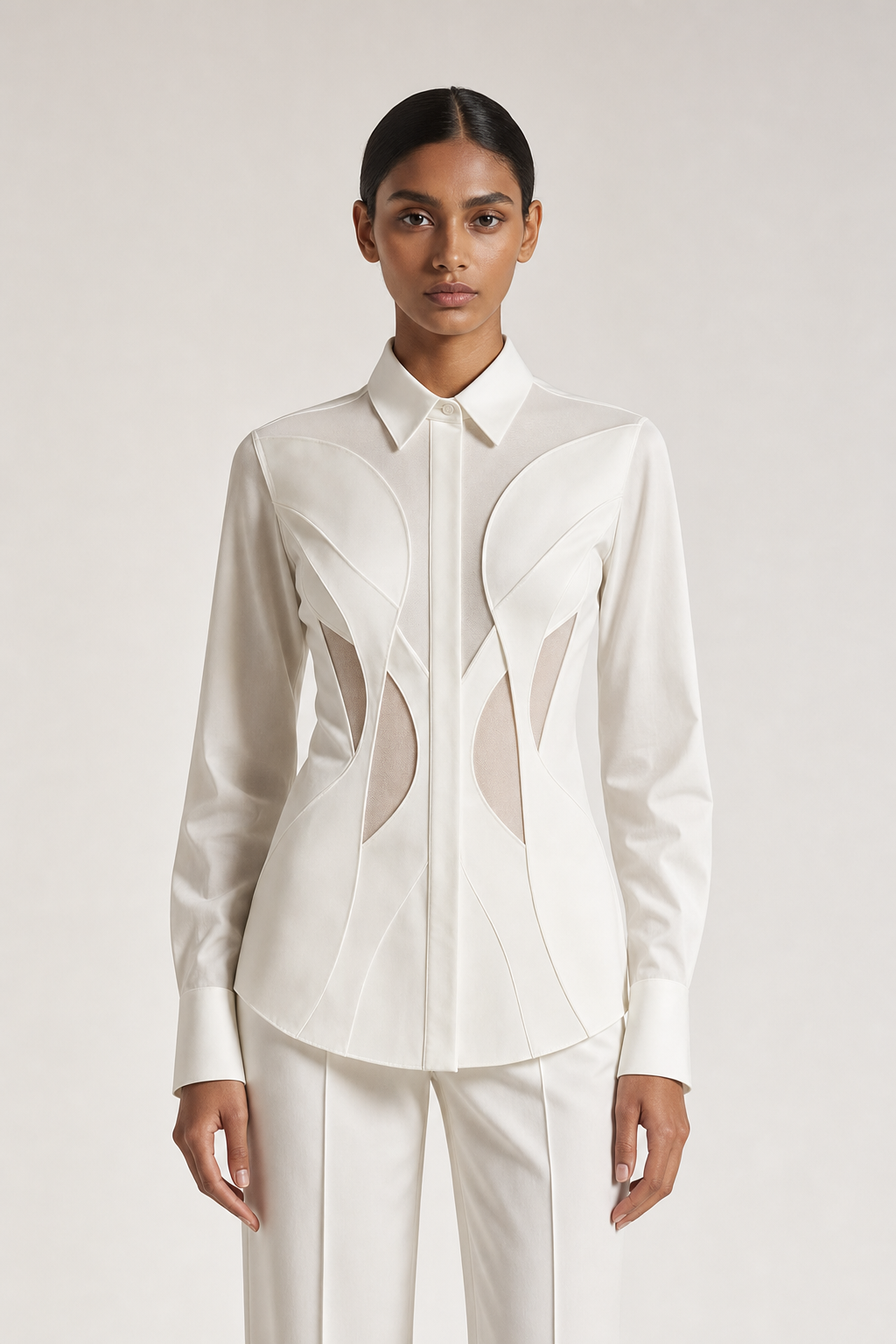 Completed Athanatos garment showing lotus-inspired sculptural construction.