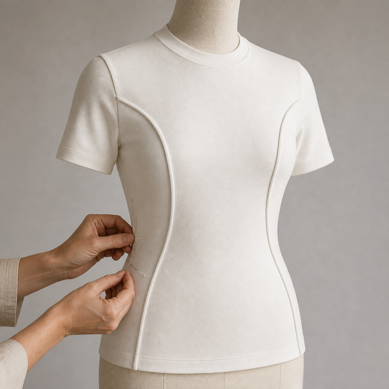 Close-up of the curved panel construction shaping the Women’s Origin T-Shirt.