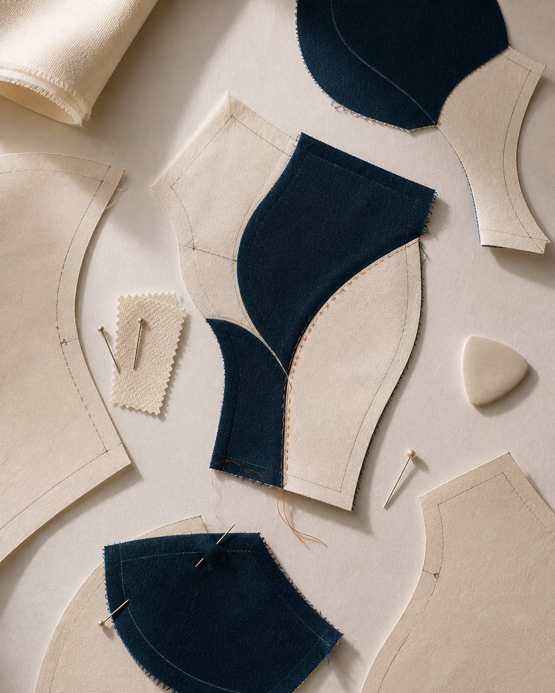 Curved garment pattern pieces arranged during the Athanatos development process.