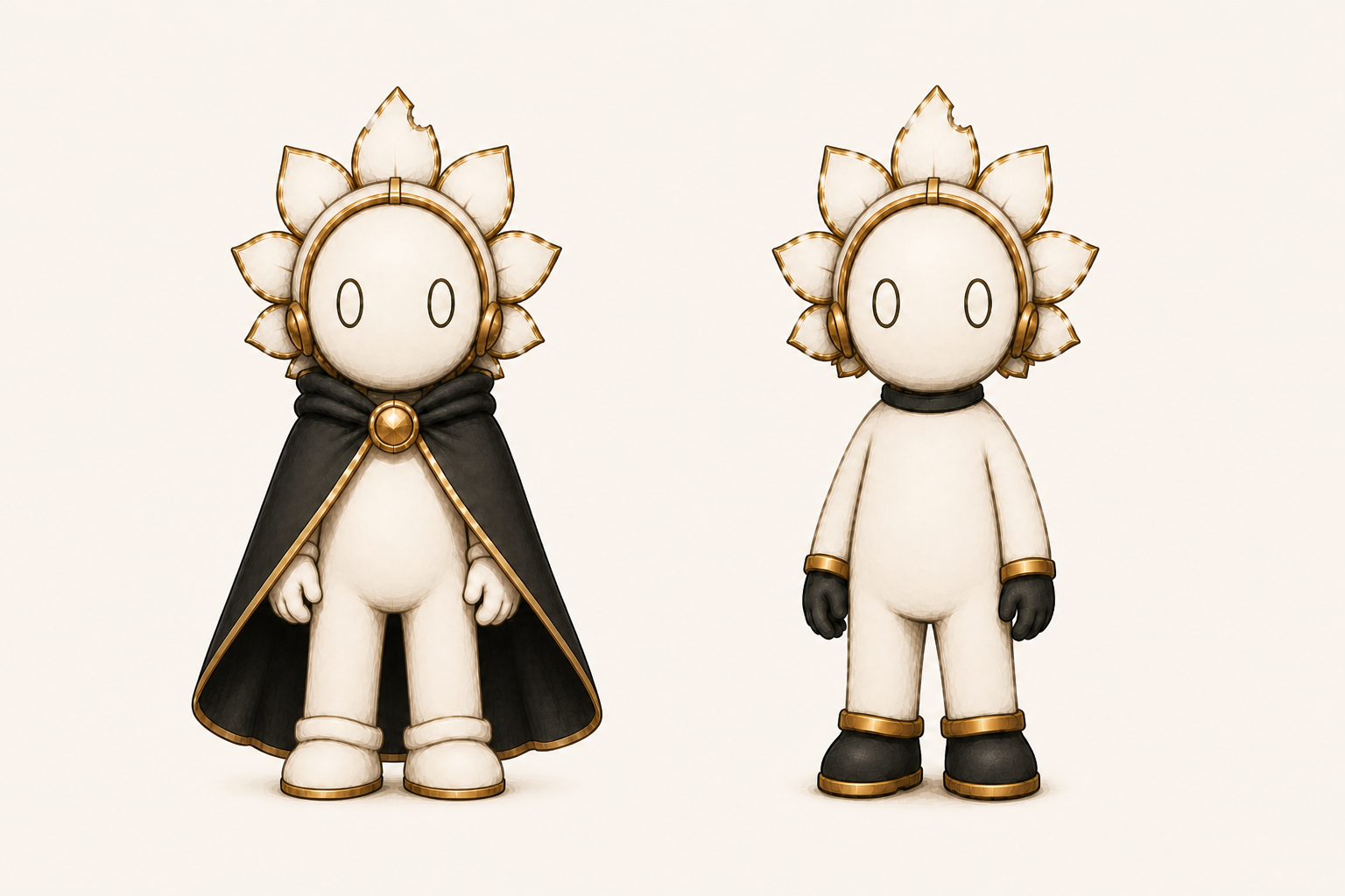 Loto shown in two forms: Guardian Form with a black-and-gold cape and Essential Form without the cape.