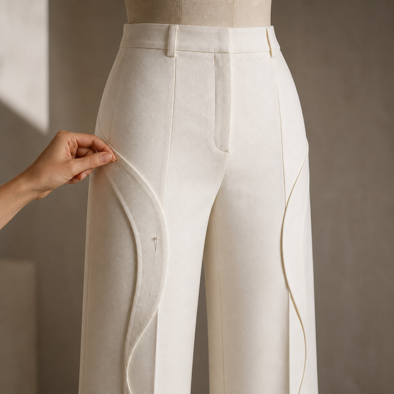 Close view of the Column Trouser’s high waist, sculpted hip panels and curved seams.