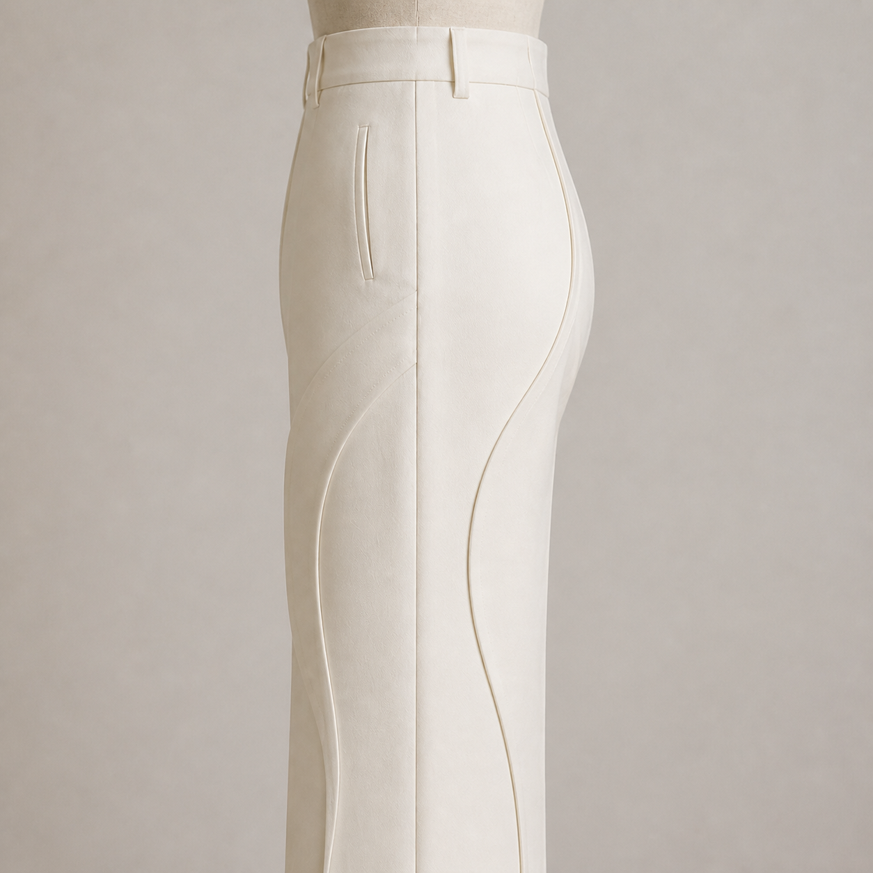 Side construction study showing the Column Trouser’s front and back seams wrapping around the leg.