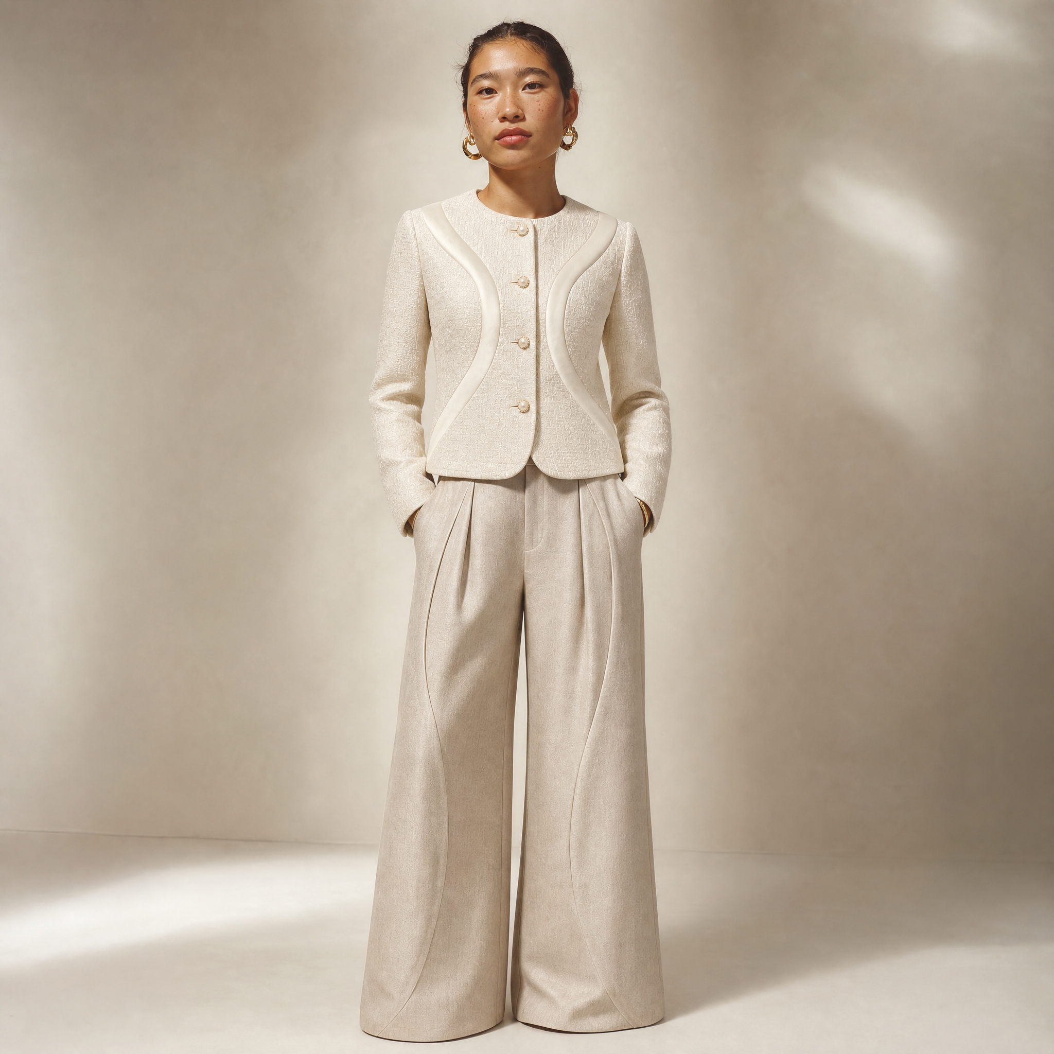 A woman in a beige textured blazer with large buttons and matching wide-leg pants, standing against a neutral background with clouds of light.