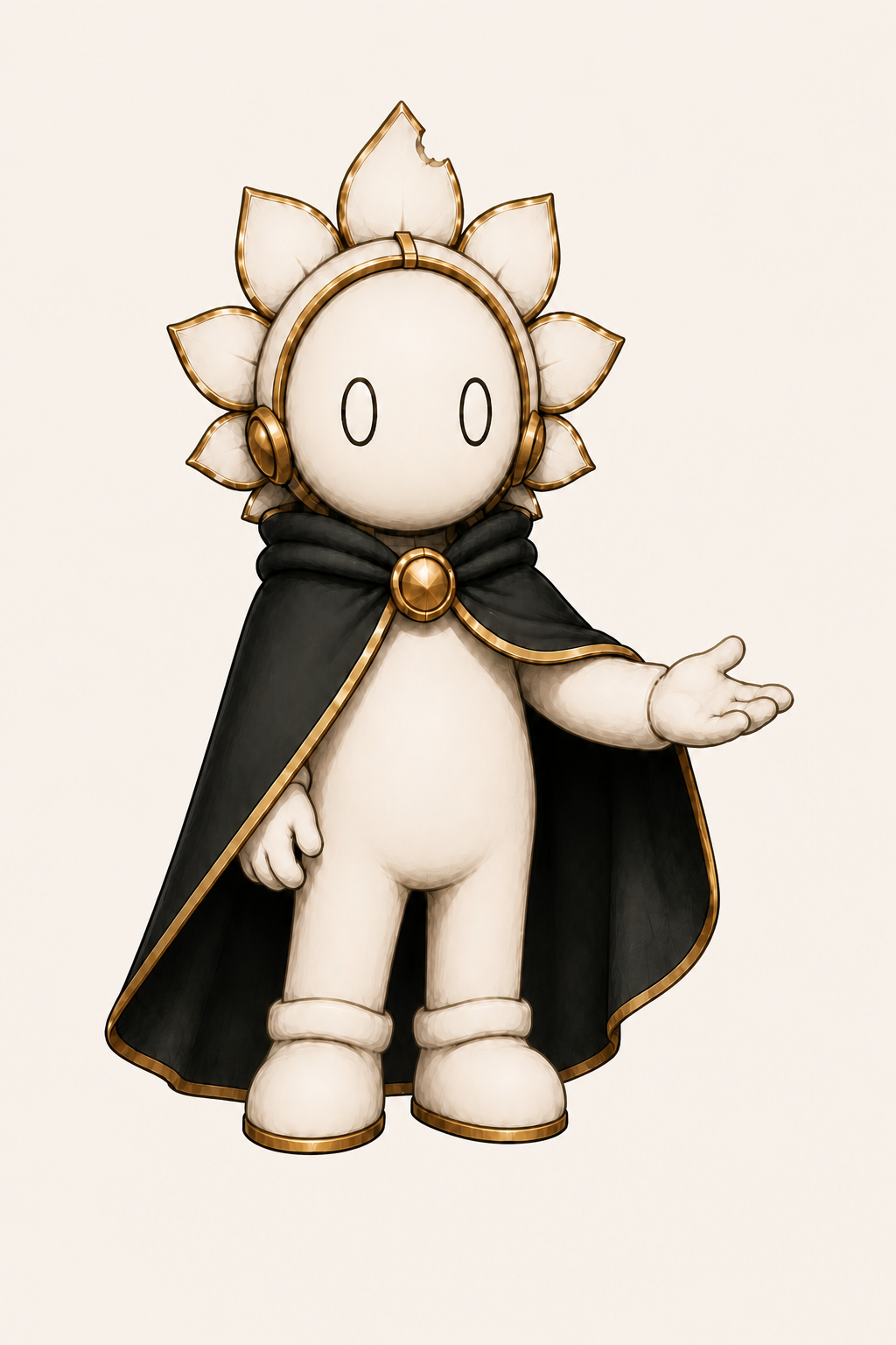 Loto, the cream porcelain lotus guardian of Athanatos, wearing a black cape with gold trim and extending one hand.