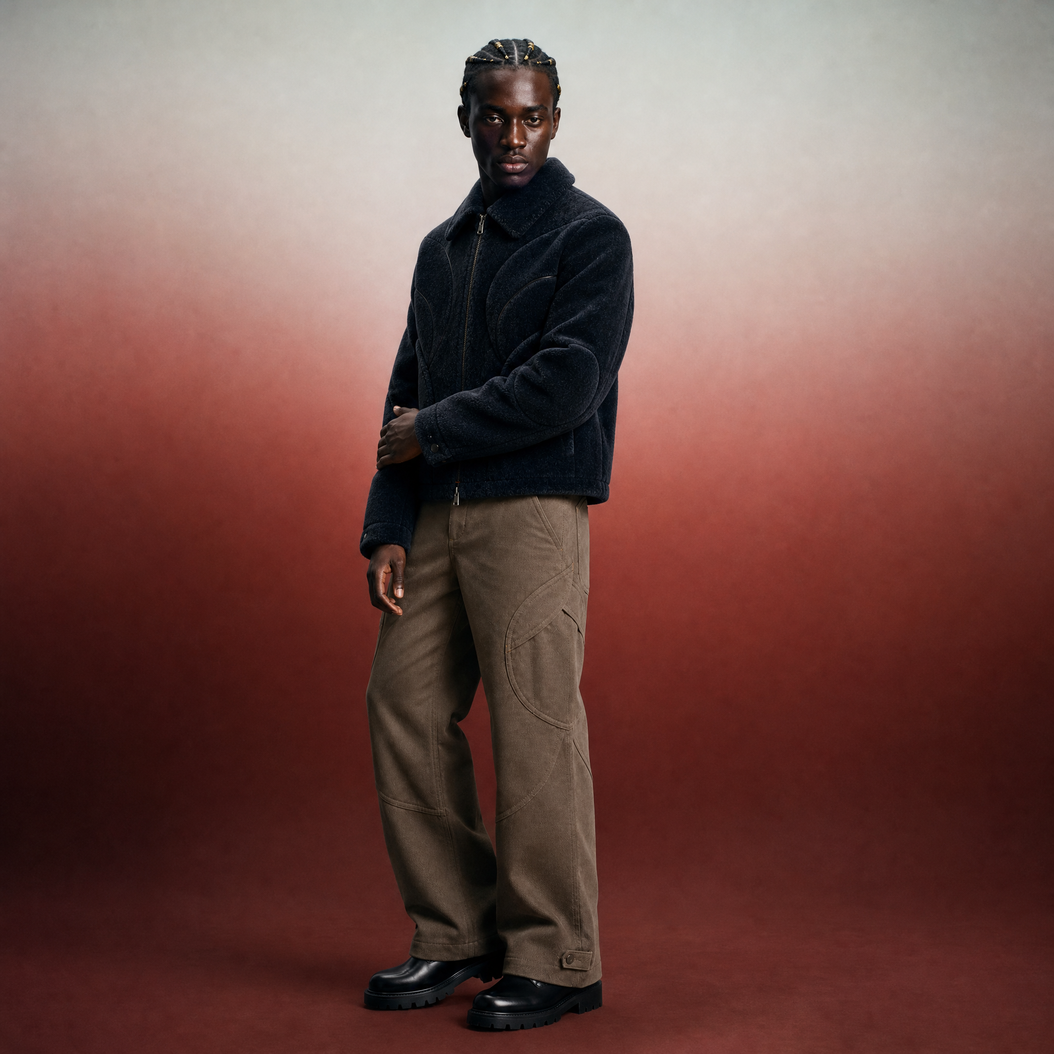 A person with braided hair wearing a dark textured jacket, beige cargo pants, and black boots, standing against a blurred gradient background.