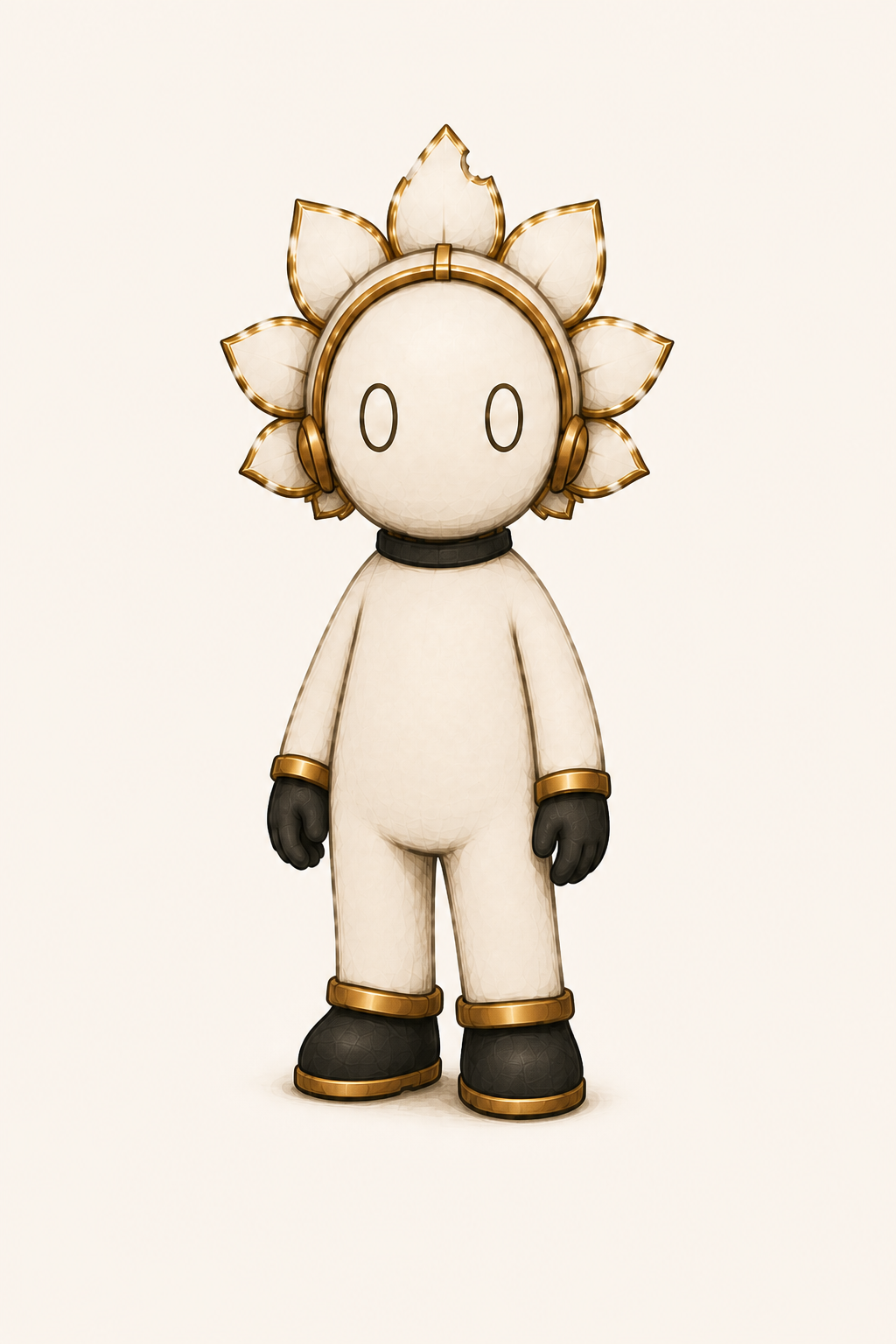Loto in Essential Form with gold-edged lotus petals, black gloves and boots, and a cream porcelain body.