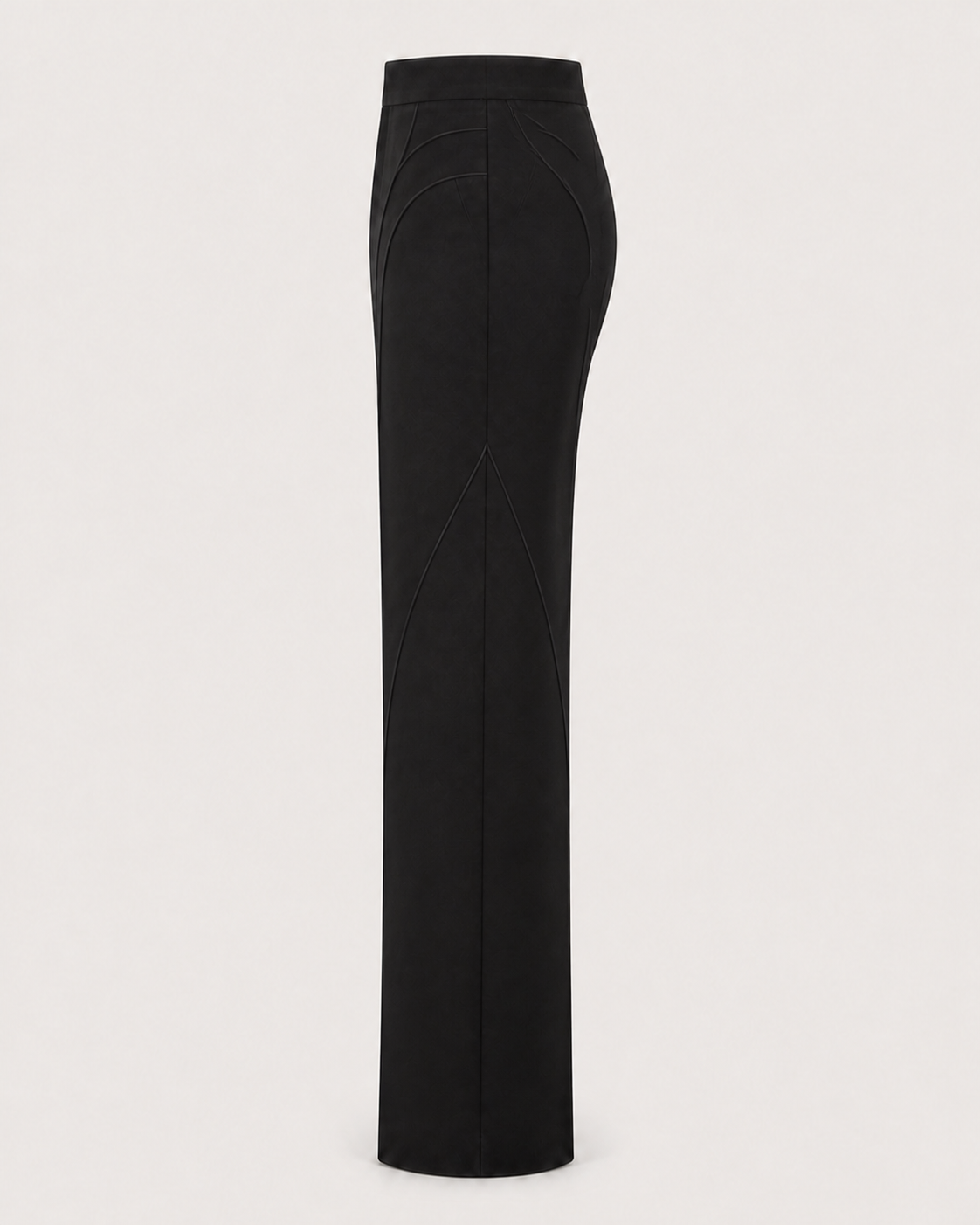 Side view showing the Reliquary Trouser’s front and rear seam systems approaching the side seam.