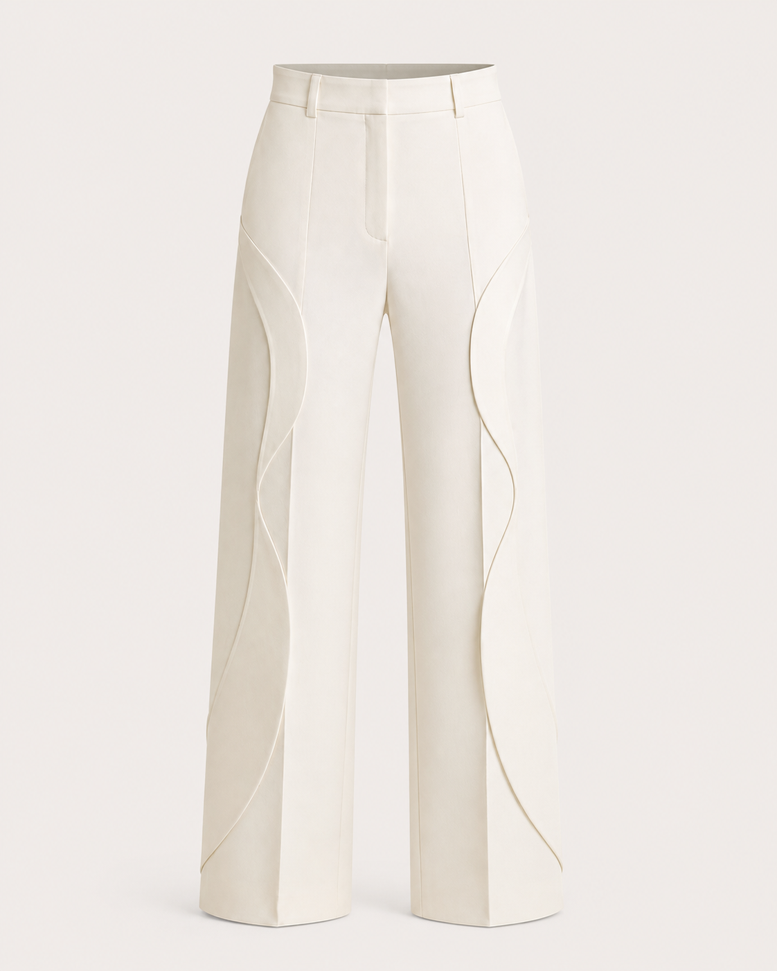 Front view of the Column Trouser showing sweeping curved seams and precise leg creases.