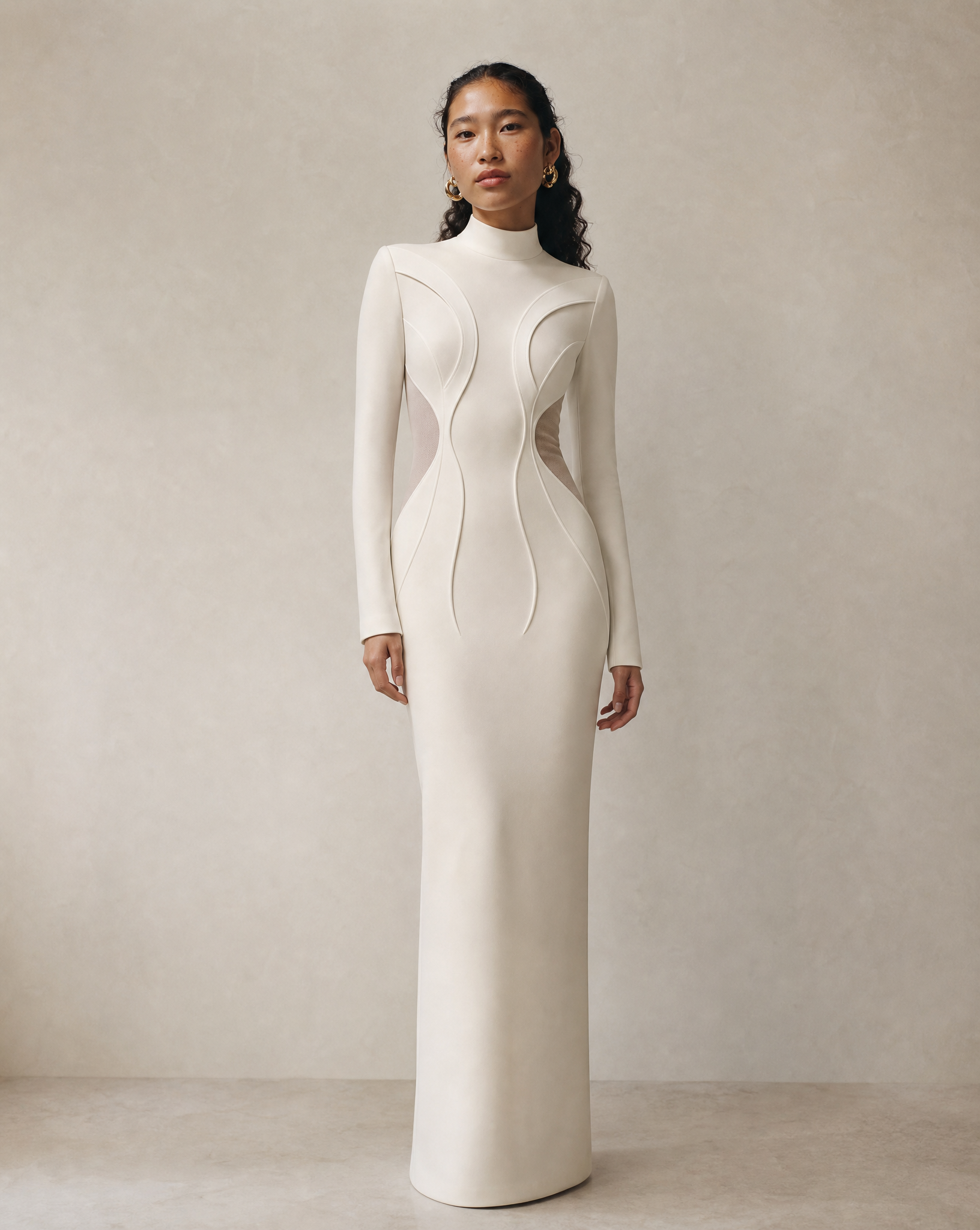 A woman in a long, form-fitting white dress with decorative seam lines, standing against a neutral background.