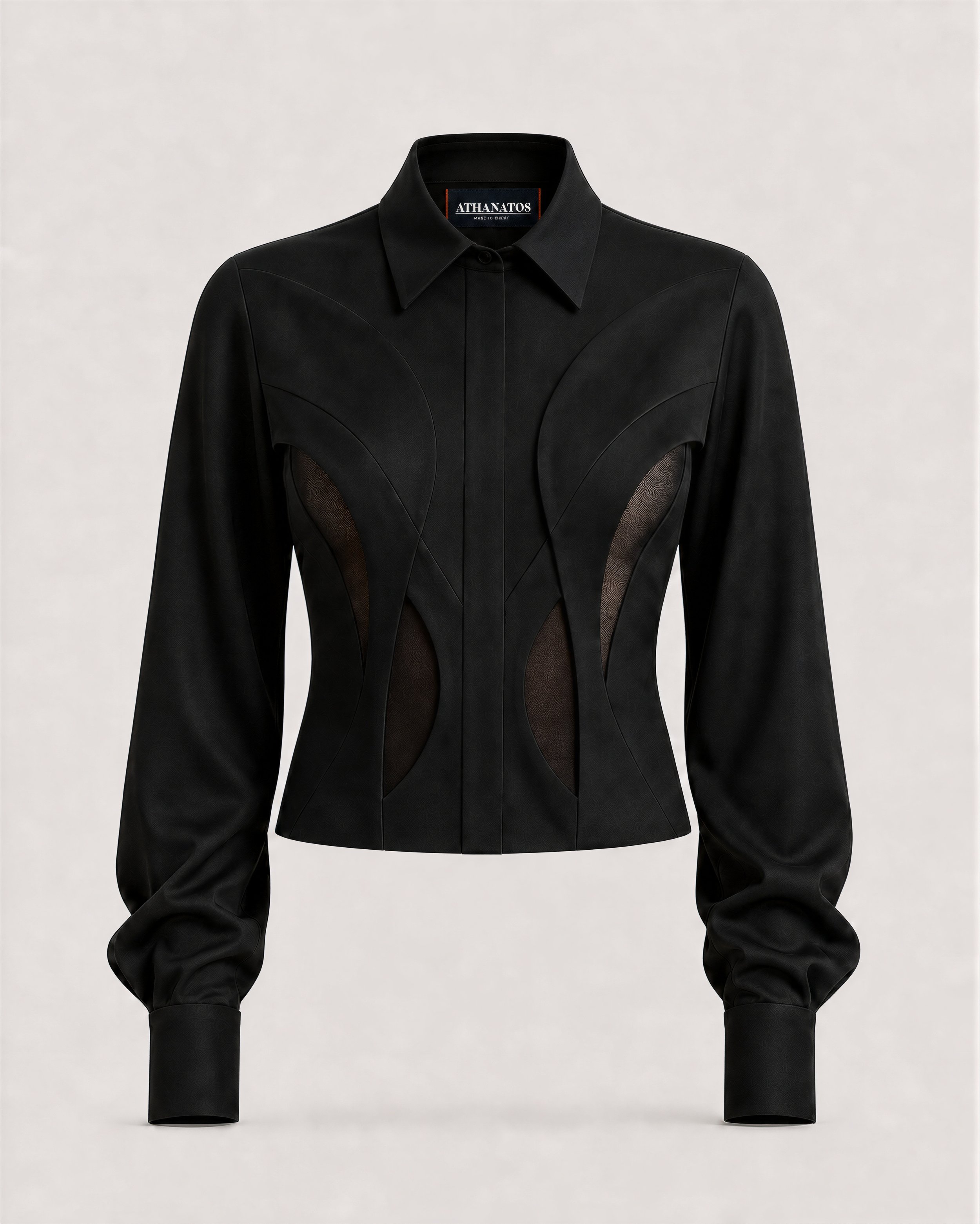 Black Athanatos Reliquary Blouse with sculpted panels and integrated mesh.