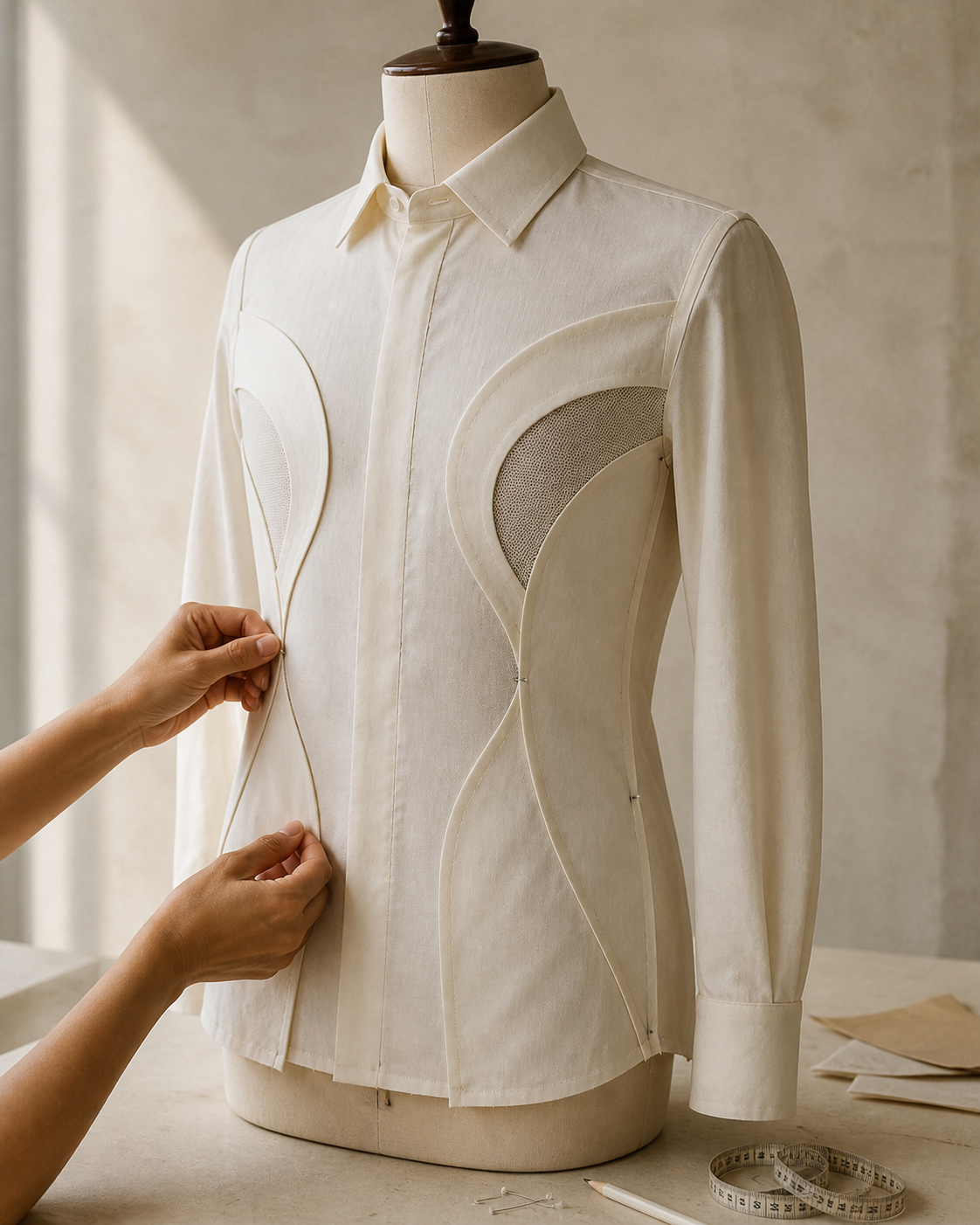 Athanatos garment toile being adjusted on a dress form during its first fitting.