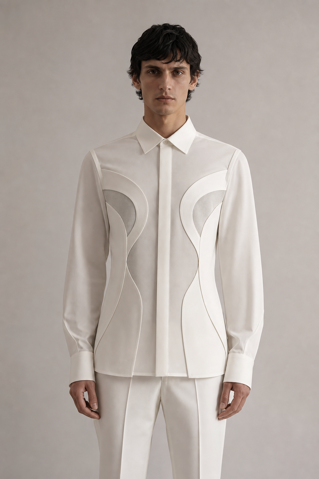 White Athanatos Origin Shirt with curved sculptural panels and mesh inserts.