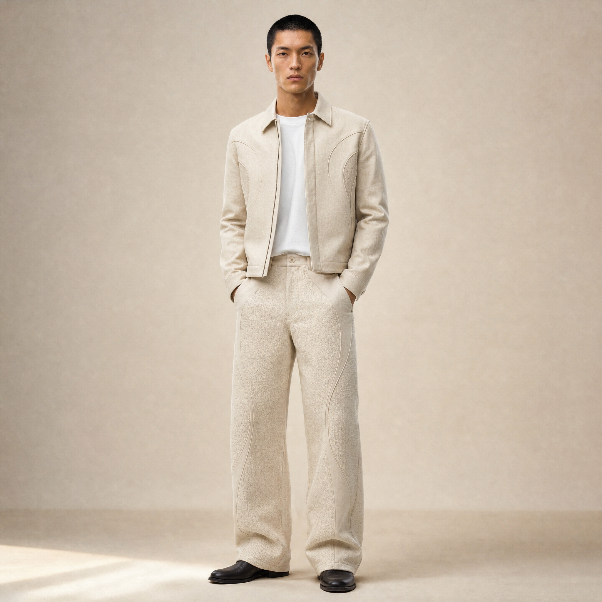A man dressed in a beige jacket, beige pants, white shirt, and black shoes standing against a plain beige background.