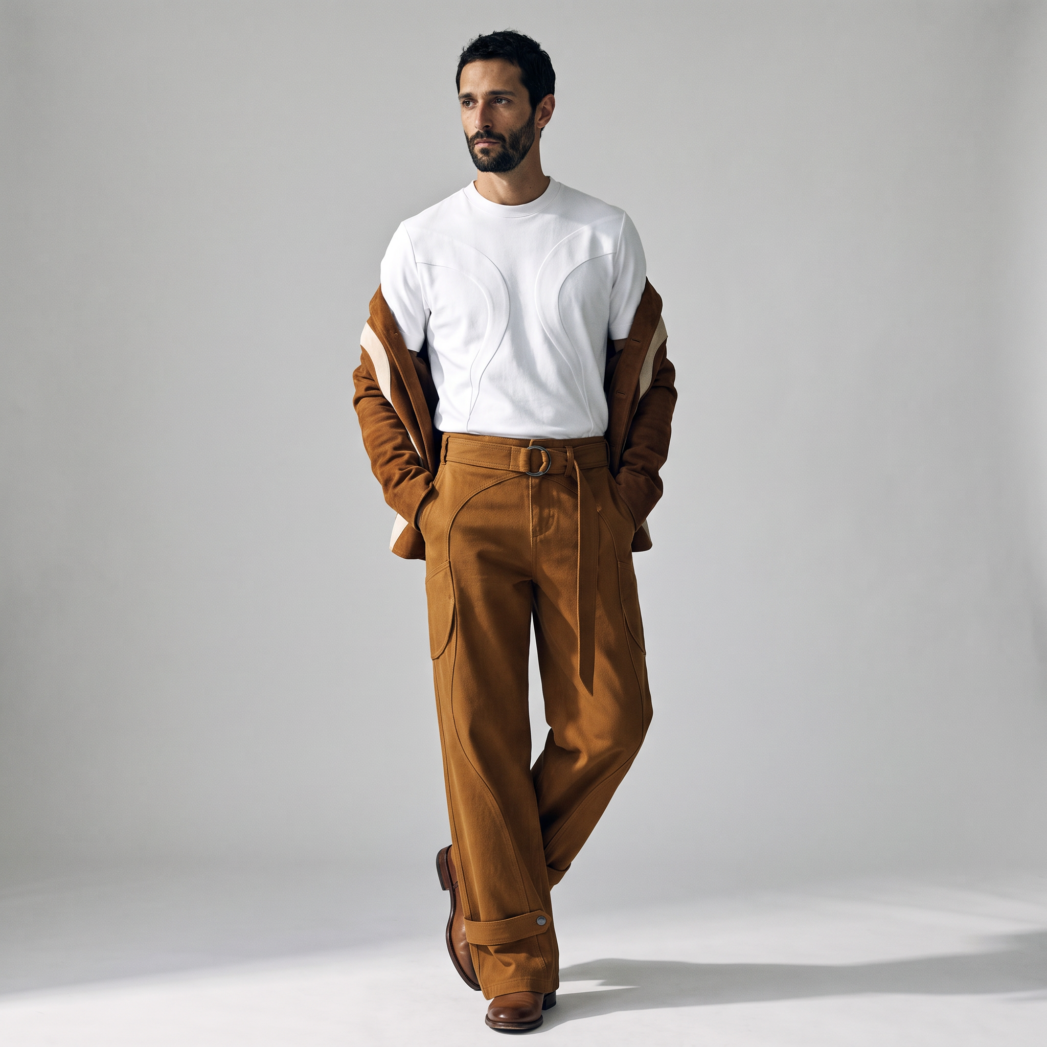 A man with dark hair and a beard wearing a white T-shirt and brown pants, standing with one leg slightly bent, against a plain light grey background.
