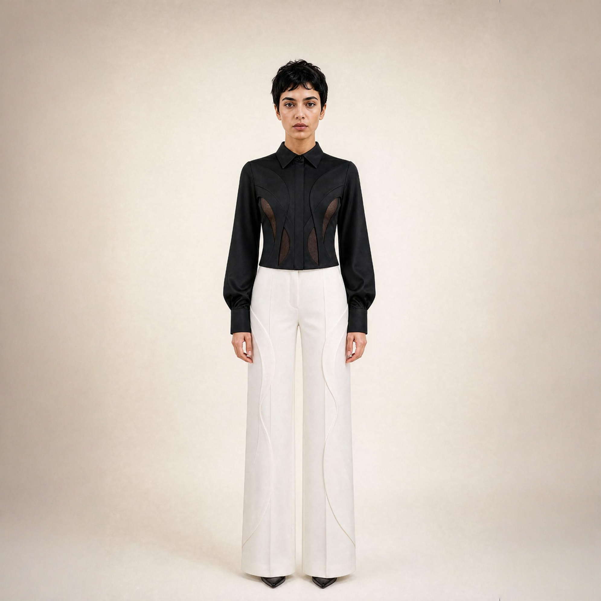 Ivory Athanatos Column Trouser with a high waist and continuous curved seams.
