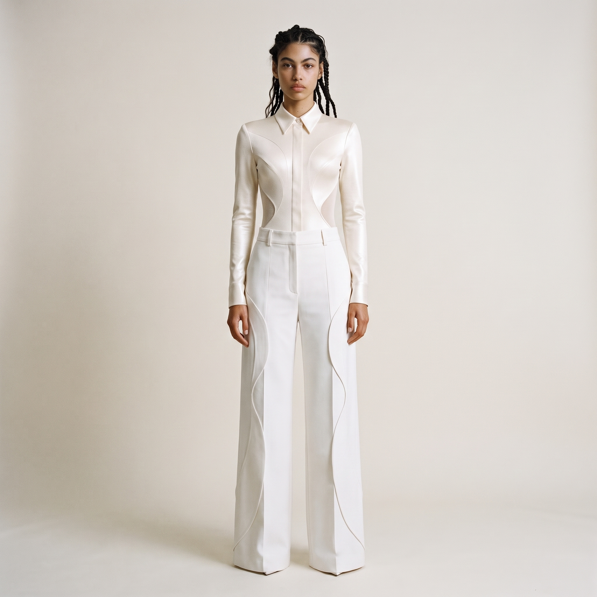 A young woman with braided hair stands against a plain light-colored background, wearing an elegant cream-colored satin shirt with piping details and high-waisted matching pants.