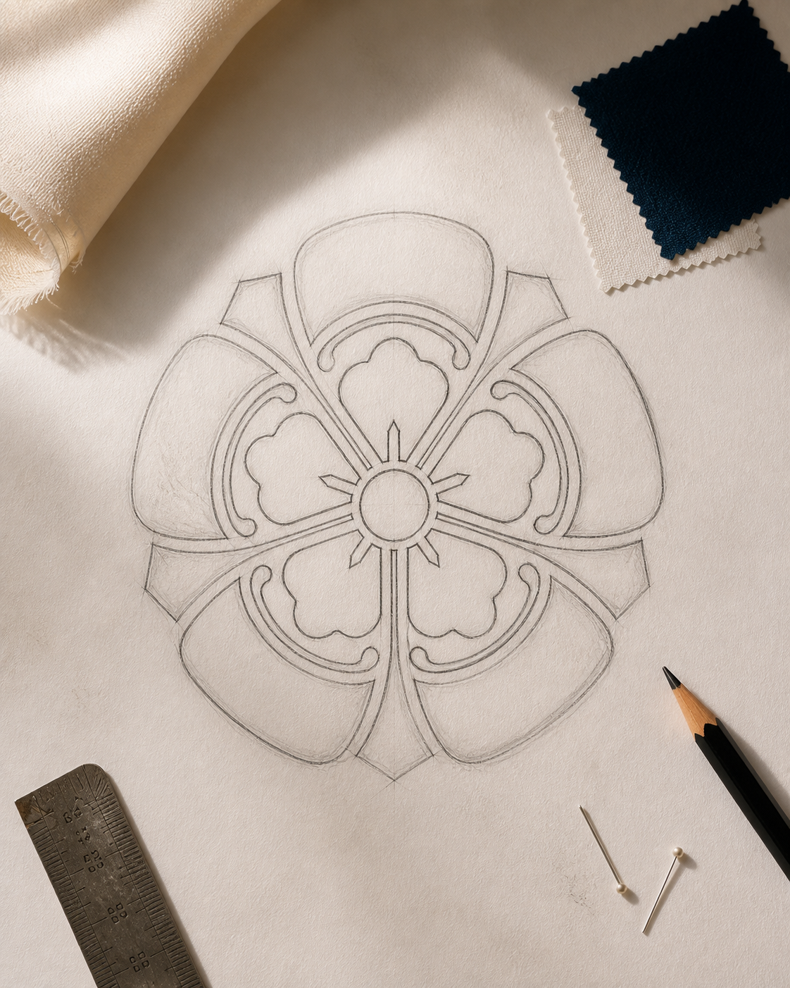 Hand-drawn study translating lotus petals into curved garment lines.