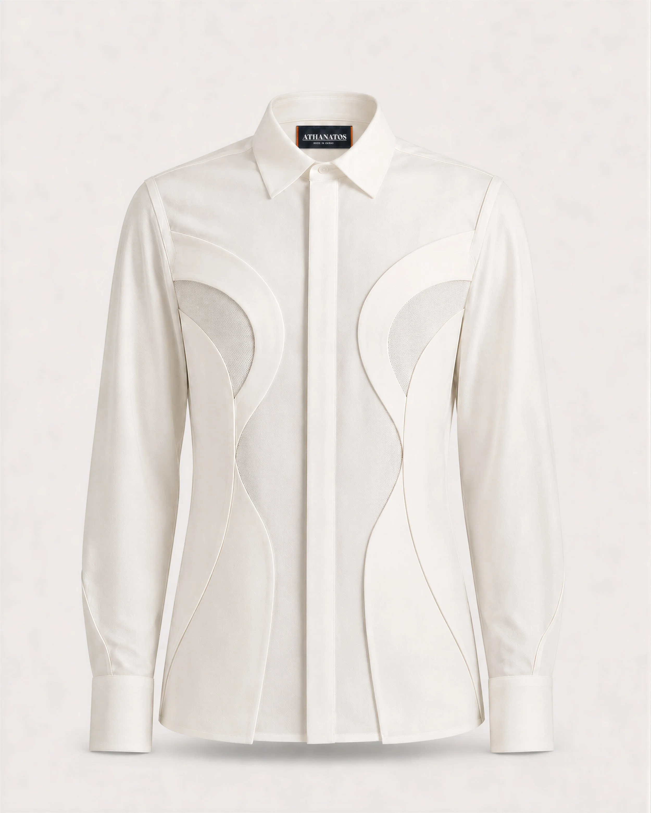 Ivory Athanatos Origin Shirt with lotus-inspired curved panels and fine mesh.